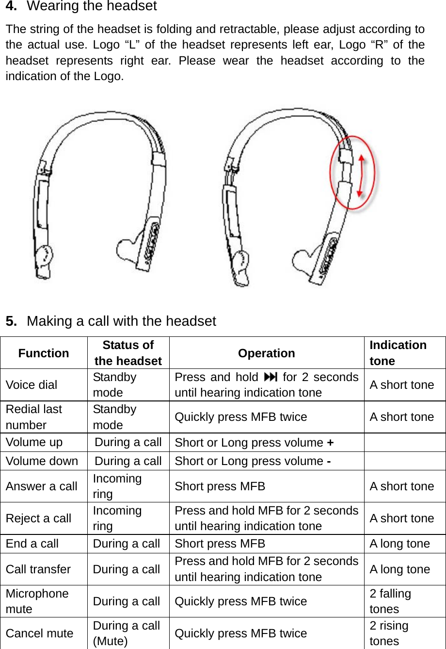  4.  Wearing the headset The string of the headset is folding and retractable, please adjust according to the actual use. Logo “L” of the headset represents left ear, Logo “R” of the headset represents right ear. Please wear the headset according to the indication of the Logo.  5.  Making a call with the headset Function  Status of the headset  Operation  Indication tone Voice dial  Standby mode Press and hold   for 2 seconds until hearing indication tone  A short tone Redial last number Standby mode  Quickly press MFB twice  A short tone Volume up  During a call  Short or Long press volume +  Volume down  During a call  Short or Long press volume -  Answer a call  Incoming ring  Short press MFB  A short tone Reject a call  Incoming ring Press and hold MFB for 2 seconds until hearing indication tone  A short tone End a call  During a call  Short press MFB  A long tone Call transfer  During a call  Press and hold MFB for 2 seconds until hearing indication tone  A long tone Microphone mute  During a call  Quickly press MFB twice  2 falling tones Cancel mute  During a call (Mute)  Quickly press MFB twice  2 rising tones  