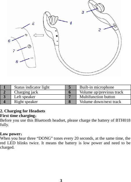  3                     1  Status indicator light 5Built-in microphone2  Charging jack6Volume up/previous track3  Left speaker7Multifunction button4  Right speaker8Volume down/next track 2. Charging for Headsets First time charging： Before you use this Bluetooth headset, please charge the battery of BTH018 fully.  Low power： When you hear three “DONG” tones every 20 seconds, at the same time, the red LED blinks twice. It means the battery is low power and need to be charged.  