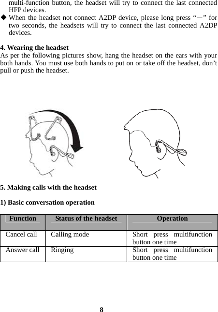  8 multi-function button, the headset will try to connect the last connected HFP devices.  When the headset not connect A2DP device, please long press “―” for two seconds, the headsets will try to connect the last connected A2DP devices.  4. Wearing the headset As per the following pictures show, hang the headset on the ears with your both hands. You must use both hands to put on or take off the headset, don’t pull or push the headset.            5. Making calls with the headset  1) Basic conversation operation  Function  Status of the headset OperationCancel call  Calling mode Short  press  multifunction button one timeAnswer call  Ringing  Short  press  multifunction button one time