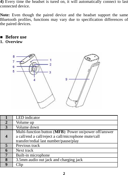  4) Every time the headset is tured on, it will automatically connect to last connected device.  Note:  Even though the paired device and the headset support the same Bluetooth profiles, functions may vary due to specification differences of the paired devices.    Before use 1. Overview                 1  LED indicator 2  Volume  u p  3  Volume down  4  Multi-function button (MFB): Power on/power off/answer a call/end a call/reject a call/microphone mute/call transfer/redial last number/pause/play 5  Previous track 6  Next track 7  Built-in microphone 8  3.5mm audio out jack and charging jack 9  Clip  2 