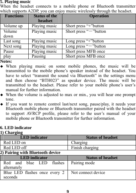 5. Playing music When the headset connects to a mobile phone or Bluetooth transmitter which supports A2DP, you can enjoy music wirelessly through the headset. Functions  Status of the headset OperationVolume up  Playing music Short press “+”buttonVolume down Playing music Short press “―”buttonLast song Playingmusic Long press “+”buttonNext song Playingmusic Long press “―”buttonPause Playingmusic Short press MFB onceplay Pausing Short press MFB onceNotes:  When playing music on some mobile phones, the music will be transmitted to the mobile phone’s speaker instead of the headset. You have to select “transmit the sound via Bluetooth” in the settings menu and then choose “BTH023” as speaker device. The music will be transmitted to the headset. Please refer to your mobile phone’s user’s manual for further information.  When the volume is adjusted to max or min., you will hear one prompt tone.  If you want to remote control last/next song, pause/play, it needs your Bluetooth mobile phone or Bluetooth transmitter paired with the headset to support AVRCP profile, please refer to the user’s manual of your mobile phone or Bluetooth transmitter for further information.  6. LED indicator 1) Charging LED indicator Status of headsetRed LED on  Charging Red LED off  Finish charging2) Pairing with Bluetooth device LED indicator Status of headsetRed and blue LED flashes alternately Pairing modeBlue LED flashes once every 2 seconds Not connect device  9 