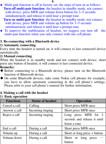 6  Multi-pair function is off in factory set, the steps of turn on as follows:   Turn off multi-pair function: the headset in standby mode, not connect        with device, press MFB and volume down button for 3~5 seconds        simultaneously and release it until hear a prompt tone. Turn on multi-pair function: the headset in standby mode, not connect       with device, press MFB and volume up button for 3~5 seconds     simultaneously and release it until hear a prompt tone.  To  improve  the  stabilization  of headset,  we  suggest  you  turn  off    the multi-pair function when you only connect with one cell phone.  3. Re-connecting with a Bluetooth device 1) Automatic connecting Every time the headset is turned on, it will connect to last connected device automatically. 2) Manual connecting When  the  headset  is  in standby  mode and not  connect  with  device,  short press any button of headset, it will connect to last connected device. Remarks:  Before  connecting  to  a  Bluetooth  device,  please  turn  on  the  Bluetooth function of Bluetooth device.  On some Bluetooth devices, take some Nokia cell phones for example, you  have  to  allow  automatic  connecting  in  the  cell  phone’s  settings. Please refer to your cell phone’s manual for further information.  4. Making a call with the headset 1) Basic operation Functions Status of headset Operation Cancel a call Calling   Short press MFB once Answer a call Incoming ringing Short press MFB once Reject a call Incoming ringing Long  press  MFB  for  2 seconds  and release it  until listen a tone End a call During a call Short press MFB once Volume up During a call Short or long press + button Volume down During a call Short  or  long  press  — button   