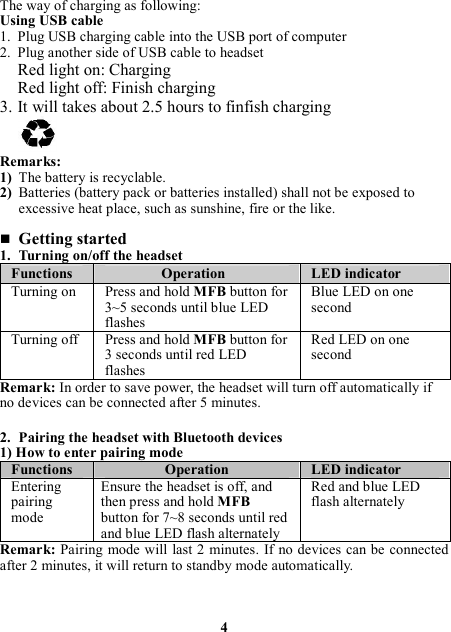 The way of charging as following: Using USB cable 1. Plug USB charging cable into the USB port of computer 2. Plug another side of USB cable to headset Red light on: Charging Red light off: Finish charging 3. It will takes about 2.5 hours to finfish charging   Remarks: 1) The battery is recyclable.   2) Batteries (battery pack or batteries installed) shall not be exposed to excessive heat place, such as sunshine, fire or the like.   Getting started 1. Turning on/off the headset Functions  Operation  LED indicator Turning on  Press and hold MFB button for 3~5 seconds until blue LED flashes Blue LED on one second Turning off  Press and hold MFB button for 3 seconds until red LED flashes Red LED on one second Remark: In order to save power, the headset will turn off automatically if no devices can be connected after 5 minutes.  2. Pairing the headset with Bluetooth devices 1) How to enter pairing mode Functions  Operation  LED indicator Entering pairing mode Ensure the headset is off, and then press and hold MFB button for 7~8 seconds until red and blue LED flash alternately Red and blue LED flash alternately Remark: Pairing mode will last 2 minutes. If no devices can be connected after 2 minutes, it will return to standby mode automatically.    4 