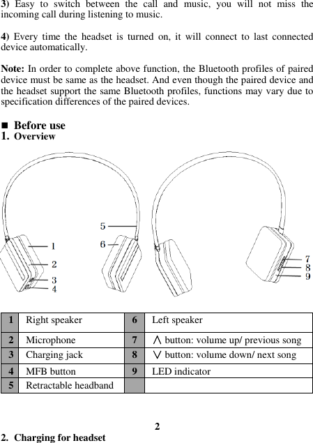 3) Easy  to  switch  between  the  call  and  music,  you  will  not  miss  the incoming call during listening to music.  4)  Every  time  the  headset  is  turned  on,  it  will  connect  to  last  connected device automatically.  Note: In order to complete above function, the Bluetooth profiles of paired device must be same as the headset. And even though the paired device and the headset support the same Bluetooth profiles, functions may vary due to specification differences of the paired devices.   Before use 1. Overview              1 Right speaker 6 Left speaker 2 Microphone 7 ∧ button: volume up/ previous song 3 Charging jack 8 ∨ button: volume down/ next song 4 MFB button 9 LED indicator 5 Retractable headband     2 2. Charging for headset 