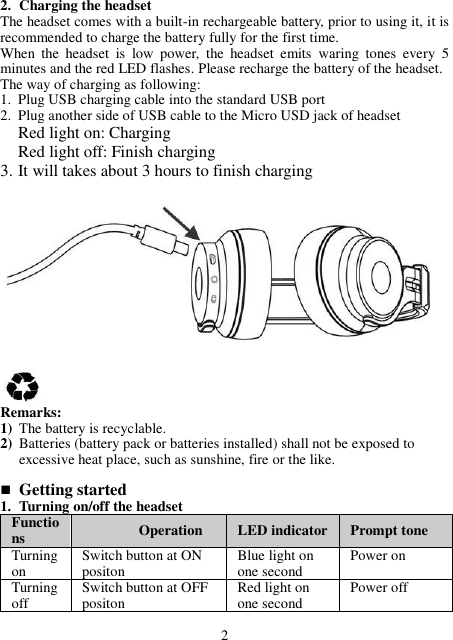 2. Charging the headset The headset comes with a built-in rechargeable battery, prior to using it, it is recommended to charge the battery fully for the first time. When  the  headset  is  low  power,  the  headset  emits  waring  tones  every 5 minutes and the red LED flashes. Please recharge the battery of the headset. The way of charging as following: 1. Plug USB charging cable into the standard USB port   2. Plug another side of USB cable to the Micro USD jack of headset Red light on: Charging Red light off: Finish charging 3. It will takes about 3 hours to finish charging             Remarks: 1) The battery is recyclable.   2) Batteries (battery pack or batteries installed) shall not be exposed to excessive heat place, such as sunshine, fire or the like.   Getting started 1. Turning on/off the headset Functions Operation LED indicator Prompt tone   Turning on Switch button at ON positon   Blue light on one second Power on   Turning off Switch button at OFF   positon  Red light on one second Power off  2 