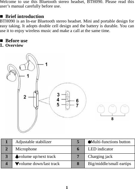 Welcome to use this Bluetooth stereo headset, BTH090. Please read this user’s manual carefully before use.   Brief introduction BTH090 is an In-ear Bluetooth stereo headset. Mini and portable design for easy taking. It adopts double cell design and the battery is durable. You can use it to enjoy wireless music and make a call at the same time.     Before use 1. Overview                                                                                      1 1  Adjustable stabilizer  5  Multi-functions button 2  Microphone  6  LED indicator 3  volume up/next track  7  Charging jack 4  volume down/last track  8  Big/middle/small eartips