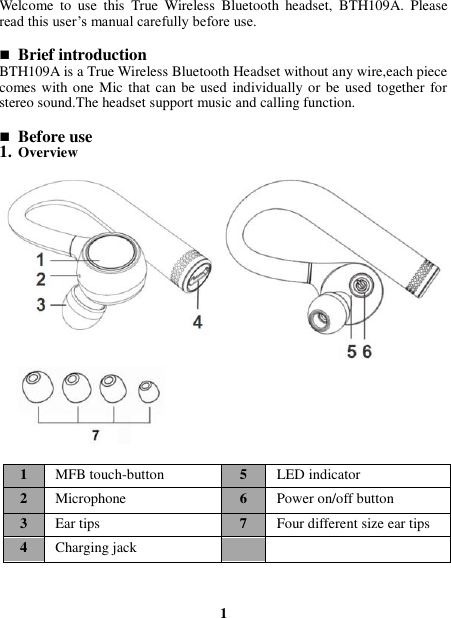  Welcome  to  use  this  True  Wireless  Bluetooth  headset,  BTH109A.  Please read this user’s manual carefully before use.   Brief introduction BTH109A is a True Wireless Bluetooth Headset without any wire,each piece comes with one Mic that can be used individually or be used together for stereo sound.The headset support music and calling function.   Before use 1. Overview                                                                                                                        1 1 MFB touch-button 5 LED indicator 2 Microphone 6 Power on/off button 3 Ear tips   7 Four different size ear tips 4 Charging jack   