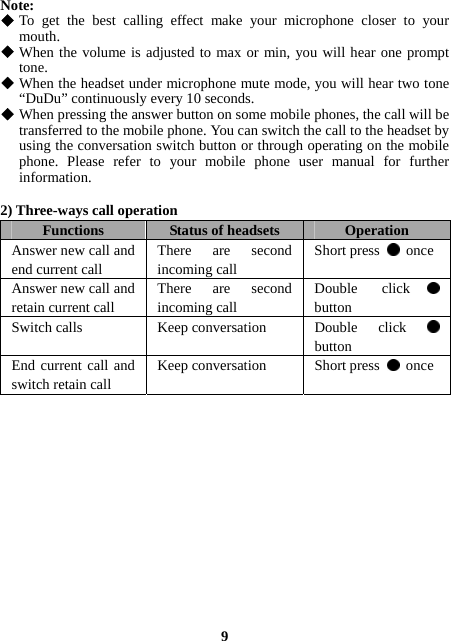 Note:  To get the best calling effect make your microphone closer to your mouth.  When the volume is adjusted to max or min, you will hear one prompt tone.  When the headset under microphone mute mode, you will hear two tone “DuDu” continuously every 10 seconds.  When pressing the answer button on some mobile phones, the call will be transferred to the mobile phone. You can switch the call to the headset by using the conversation switch button or through operating on the mobile phone. Please refer to your mobile phone user manual for further information.  2) Three-ways call operation Functions  Status of headsets  Operation Answer new call and end current call  There are second incoming call  Short press   once Answer new call and retain current call  There are second incoming call  Double click  button Switch calls  Keep conversation  Double  click button End current call and switch retain call  Keep conversation  Short press   once                9 