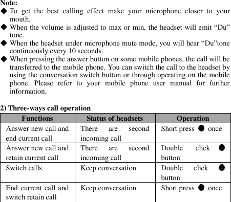 Note:  To  get  the  best  calling  effect  make  your  microphone  closer  to  your mouth.  When the volume is adjusted to max or min, the headset will emit “Du” tone.    When the headset under microphone mute mode, you will hear “Du”tone continuously every 10 seconds.  When pressing the answer button on some mobile phones, the call will be transferred to the mobile phone. You can switch the call to the headset by using the conversation switch button or through operating on the mobile phone.  Please  refer  to  your  mobile  phone  user  manual  for  further information.  2) Three-ways call operation Functions Status of headsets Operation Answer new call and end current call There  are  second incoming call Short press    once Answer new call and retain current call There  are  second incoming call Double  click    button Switch calls Keep conversation Double  click   button End current call and switch retain call Keep conversation Short press    once                 