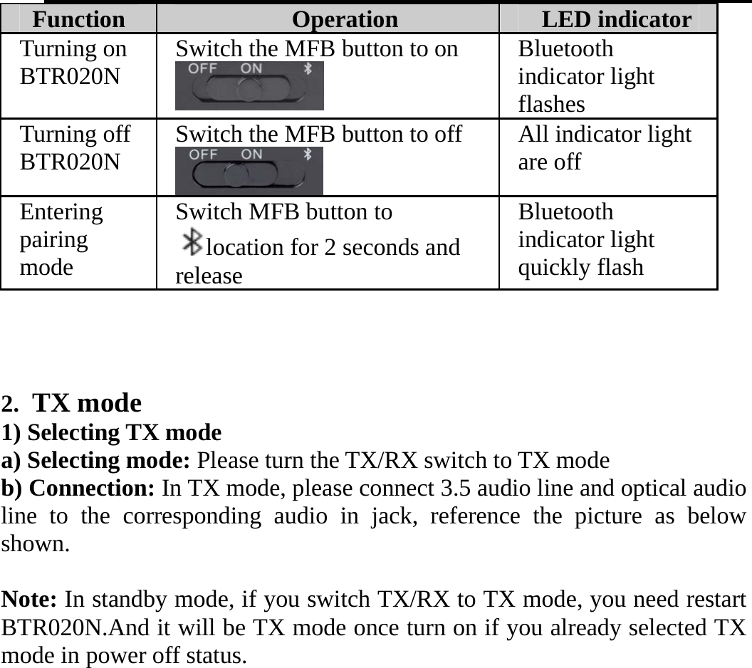   Function  Operation LED indicatorTurning on BTR020N  Switch the MFB button to on  Bluetooth indicator light flashes  Turning off BTR020N  Switch the MFB button to off  All indicator light are off   Entering pairing mode Switch MFB button to location for 2 seconds and release  Bluetooth indicator light quickly flash      2. TX mode 1) Selecting TX mode a) Selecting mode: Please turn the TX/RX switch to TX mode   b) Connection: In TX mode, please connect 3.5 audio line and optical audio line to the corresponding audio in jack, reference the picture as below shown.  Note: In standby mode, if you switch TX/RX to TX mode, you need restart BTR020N.And it will be TX mode once turn on if you already selected TX mode in power off status.  