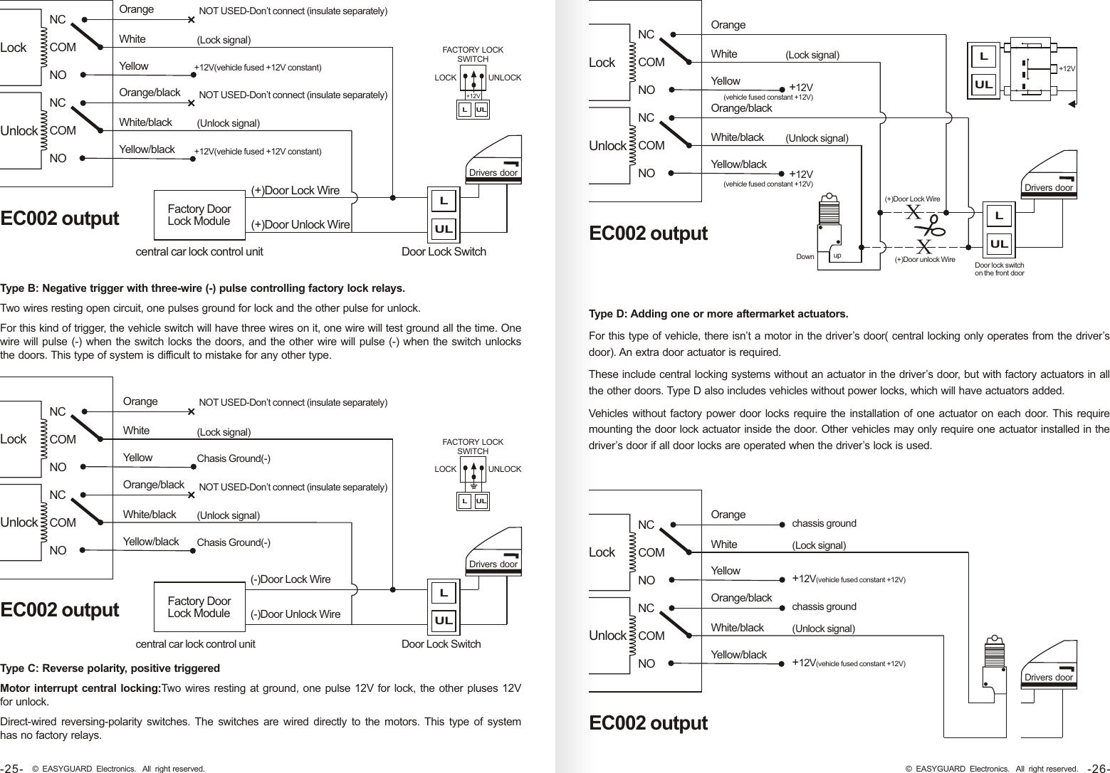 Orange WhiteYellow Orange/blackWhite/black Yellow/blackNCCOMNONCCOMNO(Lock signal)(Unlock signal)EC002 outputLockUnlockNOT USED-Don’t connect (insulate separately)+12V(vehicle fused +12V constant)+12V(vehicle fused +12V constant)Drivers doorLULNOT USED-Don’t connect (insulate separately)(+)Door Lock Wire(+)Door Unlock Wirecentral car lock control unit Door Lock SwitchFACTORY LOCKSWITCHLOCK UNLOCK+12VLULFactory DoorLock ModuleType B: Negative trigger with three-wire (-) pulse controlling factory lock relays.Two wires resting open circuit, one pulses ground for lock and the other pulse for unlock.For this kind of trigger, the vehicle switch will have three wires on it, one wire will test ground all the time. One wire will pulse (-) when the switch locks the doors, and the other wire will pulse (-) when the switch unlocks the doors. This type of system is difficult to mistake for any other type.Orange WhiteYellow Orange/blackWhite/black Yellow/blackNCCOMNONCCOMNO(Lock signal)(Unlock signal)EC002 outputLockUnlockNOT USED-Don’t connect (insulate separately)Drivers doorLULNOT USED-Don’t connect (insulate separately)(-)Door Lock Wire(-)Door Unlock Wirecentral car lock control unit Door Lock SwitchFACTORY LOCKSWITCHLOCK UNLOCKLULFactory DoorLock ModuleChasis Ground(-)Chasis Ground(-)Type C: Reverse polarity, positive triggeredMotor interrupt central locking:Two wires resting at ground, one pulse 12V for lock, the other pluses 12V for unlock.    Direct-wired reversing-polarity switches. The  switches are  wired  directly to the motors.  This  type of system has no factory relays.Orange WhiteYellow Orange/blackWhite/black Yellow/blackNCCOMNONCCOMNO(Lock signal)(Unlock signal)+12V (vehicle fused constant +12V)+12V (vehicle fused constant +12V) Down up(+)Door Lock Wire(+)Door unlock WireXXLULDrivers doorDoor lock switch on the front doorEC002 outputLockUnlockLUL+12VType D: Adding one or more aftermarket actuators. For this type of vehicle, there isn’t a motor in the driver’s door( central locking only operates from the driver’s door). An extra door actuator is required.These include central locking systems without an actuator in the driver’s door, but with factory actuators in all the other doors. Type D also includes vehicles without power locks, which will have actuators added.Vehicles without factory power door locks require the installation of one actuator on each door. This require mounting the door lock actuator inside the door. Other vehicles may only require one actuator installed in the driver’s door if all door locks are operated when the driver’s lock is used.Orange WhiteYellow Orange/blackWhite/black Yellow/blackNCCOMNONCCOMNO(Lock signal)(Unlock signal)+12V(vehicle fused constant +12V)Drivers doorEC002 outputLockUnlockchassis ground+12V(vehicle fused constant +12V)chassis ground-26-© EASYGUARD Electronics. All right reserved.-25- © EASYGUARD Electronics. All right reserved.
