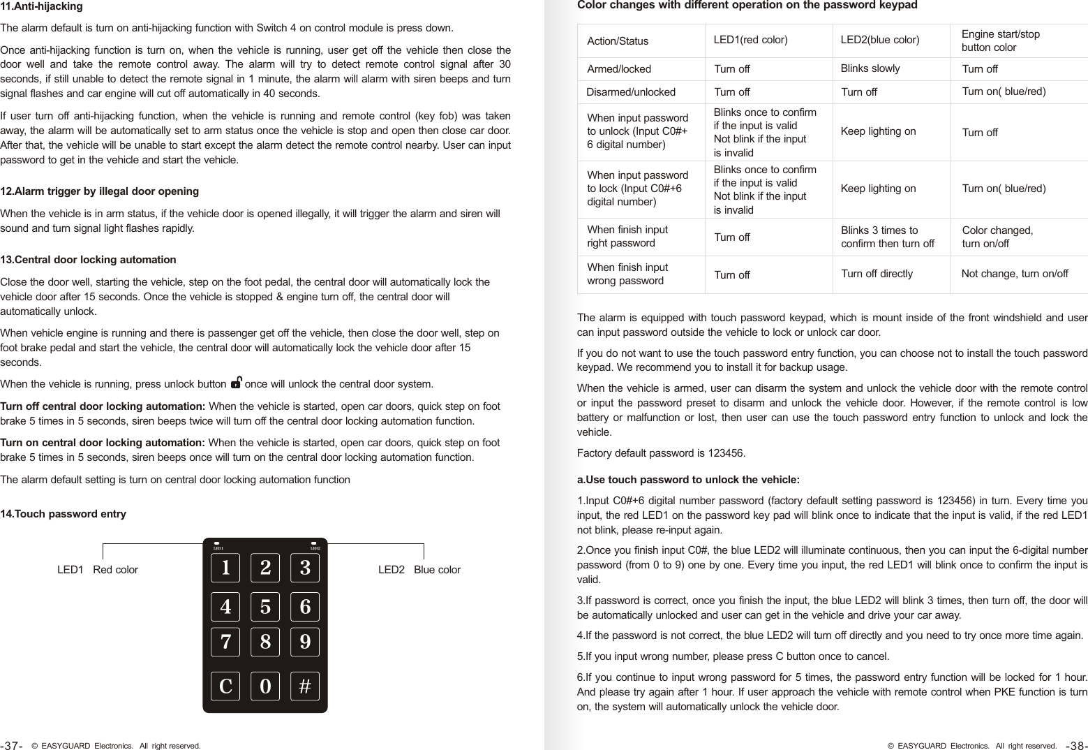 11.Anti-hijackingThe alarm default is turn on anti-hijacking function with Switch 4 on control module is press down.Once anti-hijacking function  is  turn  on, when the vehicle  is  running, user get off  the vehicle then close the door  well  and  take  the  remote  control  away.  The  alarm  will  try  to  detect  remote  control  signal  after  30 seconds, if still unable to detect the remote signal in 1 minute, the alarm will alarm with siren beeps and turn signal flashes and car engine will cut off automatically in 40 seconds. If user  turn off  anti-hijacking  function,  when  the  vehicle  is  running and  remote  control  (key fob)  was  taken away, the alarm will be automatically set to arm status once the vehicle is stop and open then close car door. After that, the vehicle will be unable to start except the alarm detect the remote control nearby. User can input password to get in the vehicle and start the vehicle.  12.Alarm trigger by illegal door openingWhen the vehicle is in arm status, if the vehicle door is opened illegally, it will trigger the alarm and siren will sound and turn signal light flashes rapidly.14.Touch password entryLED1   Red color  LED2   Blue color13.Central door locking automationClose the door well, starting the vehicle, step on the foot pedal, the central door will automatically lock the vehicle door after 15 seconds. Once the vehicle is stopped &amp; engine turn off, the central door will automatically unlock.When vehicle engine is running and there is passenger get off the vehicle, then close the door well, step on foot brake pedal and start the vehicle, the central door will automatically lock the vehicle door after 15 seconds.When the vehicle is running, press unlock button      once will unlock the central door system. Turn off central door locking automation: When the vehicle is started, open car doors, quick step on foot brake 5 times in 5 seconds, siren beeps twice will turn off the central door locking automation function.Turn on central door locking automation: When the vehicle is started, open car doors, quick step on foot brake 5 times in 5 seconds, siren beeps once will turn on the central door locking automation function.The alarm default setting is turn on central door locking automation functionAction/StatusArmed/lockedDisarmed/unlockedWhen input password to unlock (Input C0#+6 digital number)When input password to lock (Input C0#+6 digital number)When finish input right password When finish input wrong passwordLED1(red color)Turn offTurn offBlinks once to confirm if the input is validNot blink if the input is invalidBlinks once to confirm if the input is validNot blink if the input is invalidTurn offTurn off LED2(blue color)Blinks slowlyTurn offKeep lighting onKeep lighting onBlinks 3 times to confirm then turn offTurn off directlyEngine start/stop button colorTurn offTurn on( blue/red)Turn offTurn on( blue/red)Color changed, turn on/offNot change, turn on/offThe alarm is equipped with touch password keypad, which is mount inside of the front windshield and user can input password outside the vehicle to lock or unlock car door. If you do not want to use the touch password entry function, you can choose not to install the touch password keypad. We recommend you to install it for backup usage.When the vehicle is armed, user can disarm the system and unlock the vehicle door with the remote control or input the password  preset to disarm  and  unlock the vehicle door.  However,  if  the remote  control is low battery  or  malfunction  or  lost, then  user  can use the touch password entry function to unlock and lock the vehicle. Factory default password is 123456.a.Use touch password to unlock the vehicle:1.Input C0#+6 digital number password (factory default setting password is 123456) in turn. Every time you input, the red LED1 on the password key pad will blink once to indicate that the input is valid, if the red LED1 not blink, please re-input again. 2.Once you finish input C0#, the blue LED2 will illuminate continuous, then you can input the 6-digital number password (from 0 to 9) one by one. Every time you input, the red LED1 will blink once to confirm the input is valid. 3.If password is correct, once you finish the input, the blue LED2 will blink 3 times, then turn off, the door will be automatically unlocked and user can get in the vehicle and drive your car away. 4.If the password is not correct, the blue LED2 will turn off directly and you need to try once more time again. 5.If you input wrong number, please press C button once to cancel.6.If you continue to input wrong password for 5 times, the password entry function will be locked for 1 hour. And please try again after 1 hour. If user approach the vehicle with remote control when PKE function is turn on, the system will automatically unlock the vehicle door. Color changes with different operation on the password keypad78 90C12 3LED1 LED245 6-38-© EASYGUARD Electronics. All right reserved.-37- © EASYGUARD Electronics. All right reserved.
