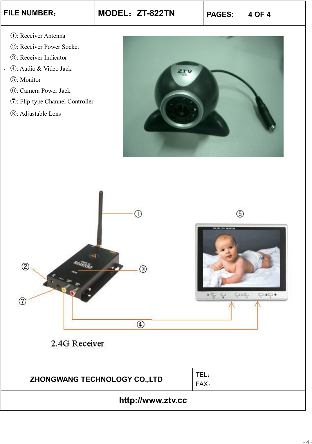 - 4 - FILE NUMBER： MODEL：ZT-822TN  PAGES:    4 OF 4     .     ZHONGWANG TECHNOLOGY CO.,LTD  TEL： FAX： http://www.ztv.cc   : ①Receiver Antenna : ②Receiver Power Socket : ③Receiver Indicator : A④udio &amp; Video Jack : ⑤Monitor : ⑥Camera Power Jack : ⑦Flip-type Channel Controller ⑧: Adjustable Lens  