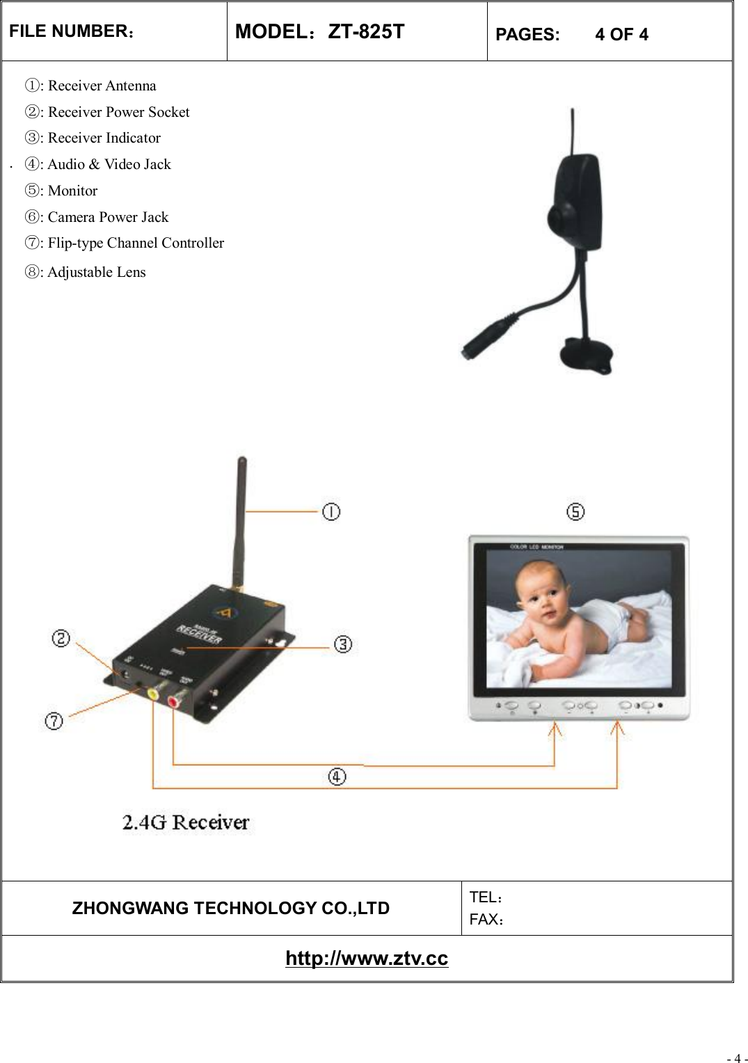 - 4 - FILE NUMBER： MODEL：ZT-825T  PAGES:    4 OF 4     .     ZHONGWANG TECHNOLOGY CO.,LTD  TEL： FAX： http://www.ztv.cc    : ①Receiver Antenna : ②Receiver Power Socket : ③Receiver Indicator : A④udio &amp; Video Jack : ⑤Monitor : ⑥Camera Power Jack : ⑦Flip-type Channel Controller ⑧: Adjustable Lens  