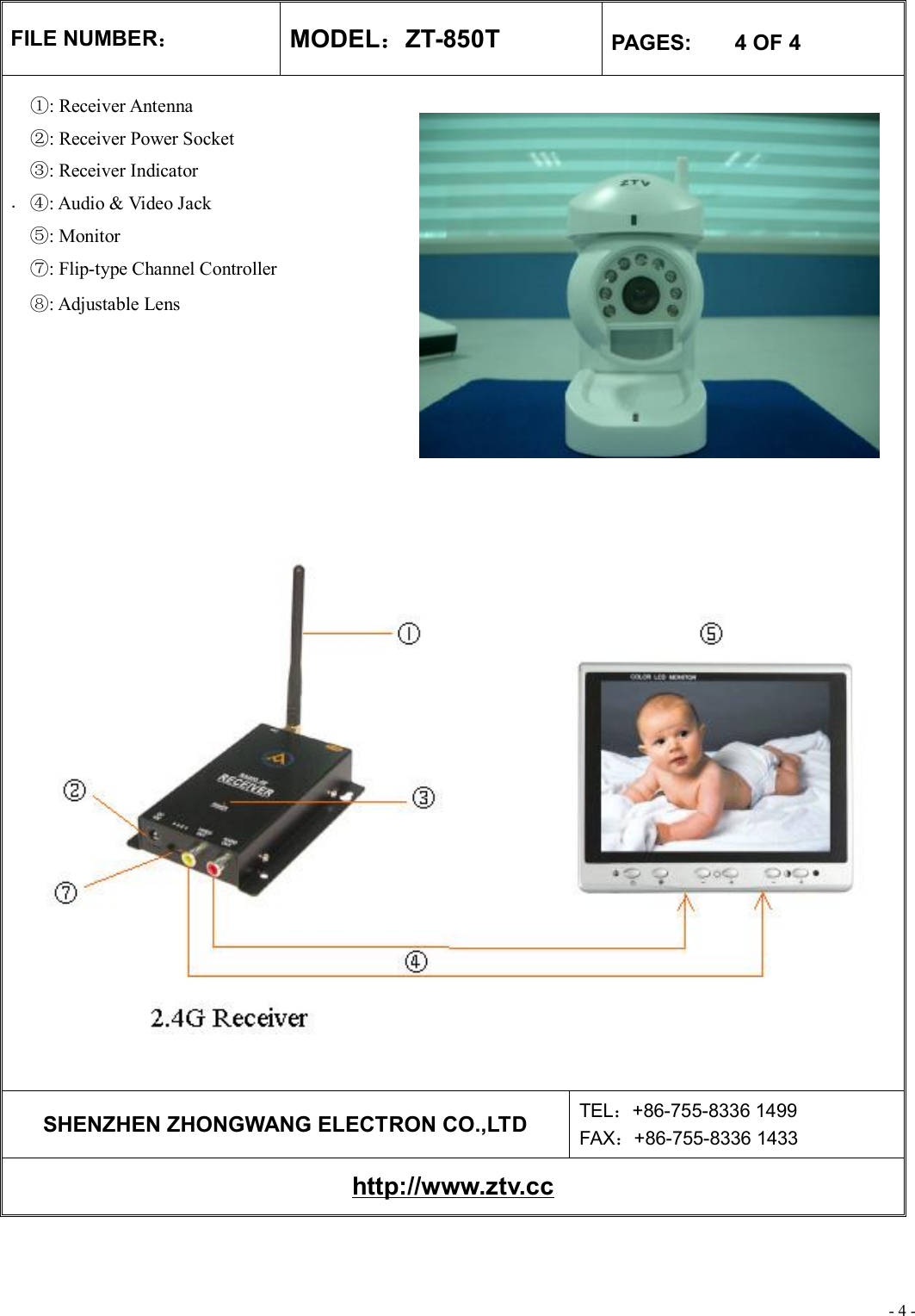 - 4 - FILE NUMBER： MODEL：ZT-850T  PAGES:    4 OF 4                                             .     SHENZHEN ZHONGWANG ELECTRON CO.,LTD  TEL：+86-755-8336 1499 FAX：+86-755-8336 1433 http://www.ztv.cc    : ①Receiver Antenna : ②Receiver Power Socket : ③Receiver Indicator : A④udio &amp; Video Jack : ⑤Monitor : ⑦Flip-type Channel Controller ⑧: Adjustable Lens  