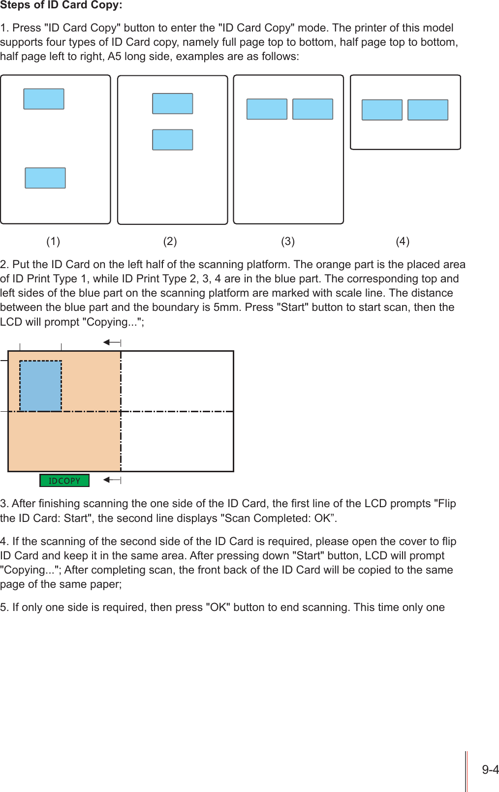 6WHSVRI,'&amp;DUG&amp;RS\3UHVV,'&amp;DUG&amp;RS\EXWWRQWRHQWHUWKH,'&amp;DUG&amp;RS\PRGH7KHSULQWHURIWKLVPRGHOVXSSRUWVIRXUW\SHVRI,'&amp;DUGFRS\QDPHO\IXOOSDJHWRSWRERWWRPKDOISDJHWRSWRERWWRPKDOISDJHOHIWWRULJKW$ORQJVLGHH[DPSOHVDUHDVIROORZV   3XWWKH,'&amp;DUGRQWKHOHIWKDOIRIWKHVFDQQLQJSODWIRUP7KHRUDQJHSDUWLVWKHSODFHGDUHDRI,'3ULQW7\SHZKLOH,'3ULQW7\SHDUHLQWKHEOXHSDUW7KHFRUUHVSRQGLQJWRSDQGOHIWVLGHVRIWKHEOXHSDUWRQWKHVFDQQLQJSODWIRUPDUHPDUNHGZLWKVFDOHOLQH7KHGLVWDQFHEHWZHHQWKHEOXHSDUWDQGWKHERXQGDU\LVPP3UHVV6WDUWEXWWRQWRVWDUWVFDQWKHQWKH/&amp;'ZLOOSURPSW&amp;RS\LQJ$IWHU&iquest;QLVKLQJVFDQQLQJWKHRQHVLGHRIWKH,'&amp;DUGWKH&iquest;UVWOLQHRIWKH/&amp;'SURPSWV)OLSWKH,'&amp;DUG6WDUWWKHVHFRQGOLQHGLVSOD\V6FDQ&amp;RPSOHWHG2.&acute;,IWKHVFDQQLQJRIWKHVHFRQGVLGHRIWKH,'&amp;DUGLVUHTXLUHGSOHDVHRSHQWKHFRYHUWR&Agrave;LS,'&amp;DUGDQGNHHSLWLQWKHVDPHDUHD$IWHUSUHVVLQJGRZQ6WDUWEXWWRQ/&amp;'ZLOOSURPSW&amp;RS\LQJ$IWHUFRPSOHWLQJVFDQWKHIURQWEDFNRIWKH,'&amp;DUGZLOOEHFRSLHGWRWKHVDPHSDJHRIWKHVDPHSDSHU,IRQO\RQHVLGHLVUHTXLUHGWKHQSUHVV2.EXWWRQWRHQGVFDQQLQJ7KLVWLPHRQO\RQH