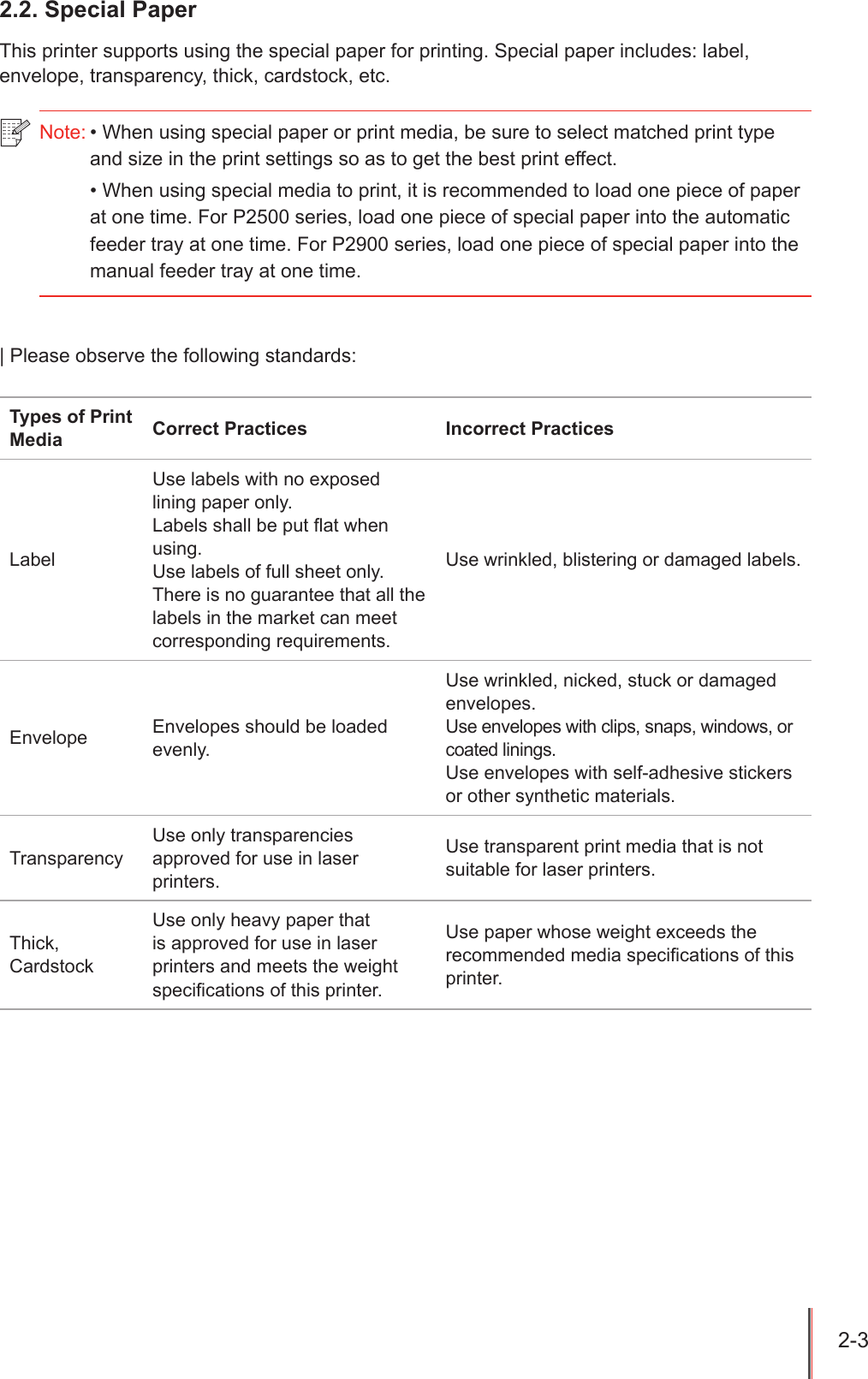 2-3 2.2. Special PaperThis printer supports using the special paper for printing. Special paper includes: label, envelope, transparency, thick, cardstock, etc.| Please observe the following standards:Types of Print Media  Correct Practices  Incorrect Practices LabelUse labels with no exposed lining paper only.Labels shall be put at when using.Use labels of full sheet only.There is no guarantee that all the labels in the market can meet corresponding requirements.Use wrinkled, blistering or damaged labels.Envelope Envelopes should be loaded evenly.Use wrinkled, nicked, stuck or damaged envelopes.Use envelopes with clips, snaps, windows, or coated linings.Use envelopes with self-adhesive stickers or other synthetic materials.TransparencyUse only transparencies approved for use in laser printers.Use transparent print media that is not suitable for laser printers.Thick, CardstockUse only heavy paper that is approved for use in laser printers and meets the weight specications of this printer.Use paper whose weight exceeds the recommended media specications of this printer.Note: &bull; When using special paper or print media, be sure to select matched print type and size in the print settings so as to get the best print effect.&bull; When using special media to print, it is recommended to load one piece of paper at one time. For P2500 series, load one piece of special paper into the automatic feeder tray at one time. For P2900 series, load one piece of special paper into the manual feeder tray at one time.