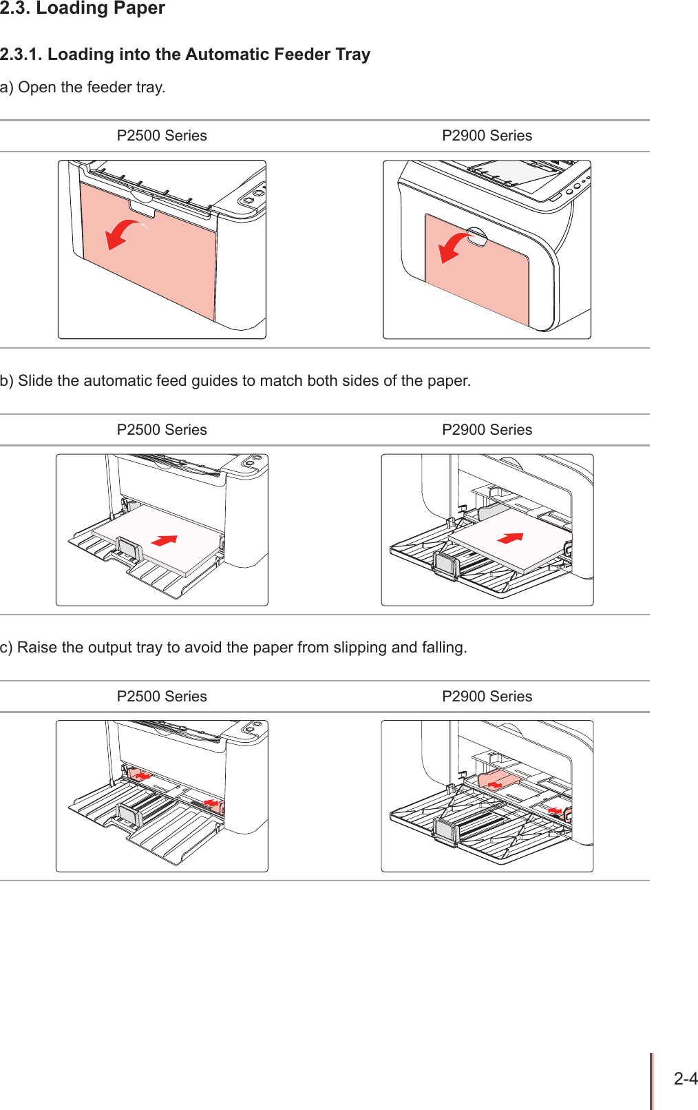 2-4 2.3. Loading Paper2.3.1. Loading into the Automatic Feeder Traya) Open the feeder tray.P2500 Series P2900 Seriesb) Slide the automatic feed guides to match both sides of the paper.P2500 Series P2900 Seriesc) Raise the output tray to avoid the paper from slipping and falling.P2500 Series P2900 Series