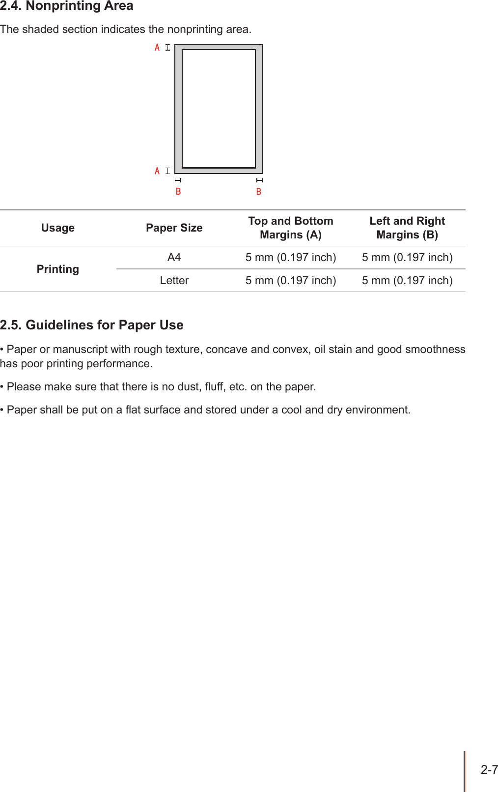 2-7 2.4. Nonprinting AreaThe shaded section indicates the nonprinting area.Usage Paper Size Top and Bottom Margins (A)Left and Right Margins (B)PrintingA4 5 mm (0.197 inch) 5 mm (0.197 inch)Letter 5 mm (0.197 inch) 5 mm (0.197 inch)2.5. Guidelines for Paper Use&bull; Paper or manuscript with rough texture, concave and convex, oil stain and good smoothness has poor printing performance.&bull; Please make sure that there is no dust, uff, etc. on the paper.&bull; Paper shall be put on a at surface and stored under a cool and dry environment.