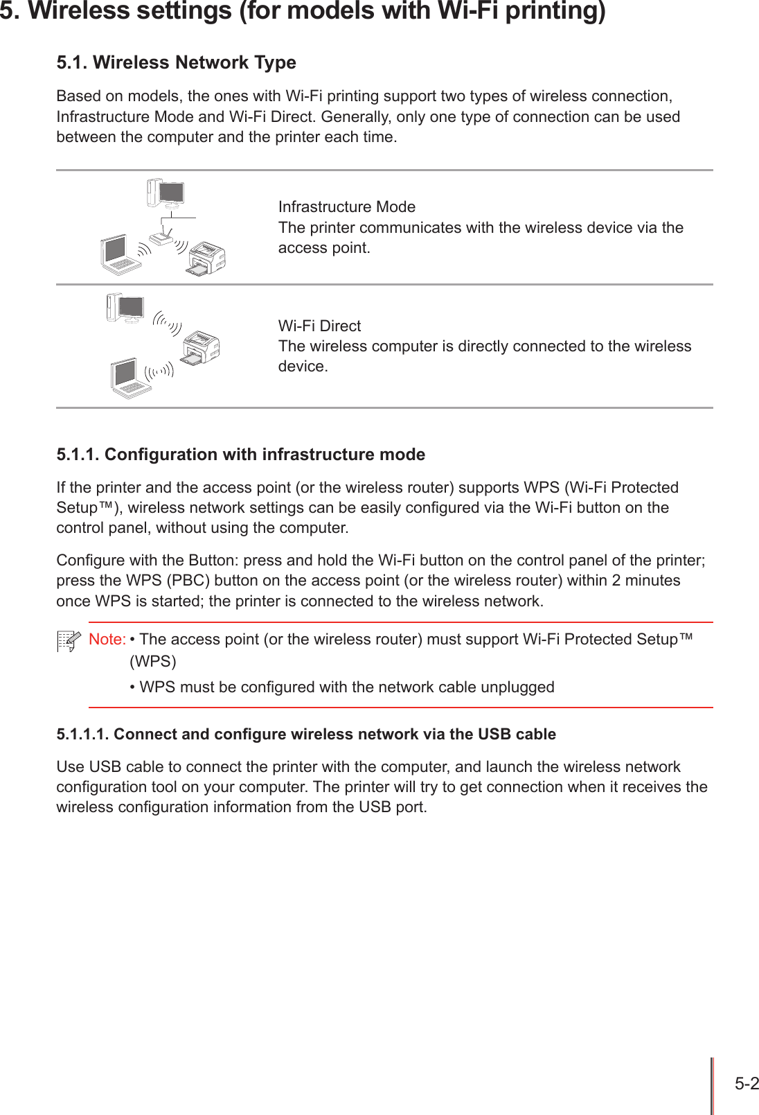 5-2 5. Wireless settings (for models with Wi-Fi printing)5.1. Wireless Network TypeBased on models, the ones with Wi-Fi printing support two types of wireless connection, Infrastructure Mode and Wi-Fi Direct. Generally, only one type of connection can be used between the computer and the printer each time. Infrastructure ModeThe printer communicates with the wireless device via the access point.Wi-Fi DirectThe wireless computer is directly connected to the wireless device.5.1.1. Conguration with infrastructure modeIf the printer and the access point (or the wireless router) supports WPS (Wi-Fi Protected Setup&trade;), wireless network settings can be easily congured via the Wi-Fi button on the control panel, without using the computer.Congure with the Button: press and hold the Wi-Fi button on the control panel of the printer; press the WPS (PBC) button on the access point (or the wireless router) within 2 minutes once WPS is started; the printer is connected to the wireless network.5.1.1.1. Connect and congure wireless network via the USB cableUse USB cable to connect the printer with the computer, and launch the wireless network conguration tool on your computer. The printer will try to get connection when it receives the wireless conguration information from the USB port.Note: &bull; The access point (or the wireless router) must support Wi-Fi Protected Setup&trade; (WPS)&bull; WPS must be congured with the network cable unplugged