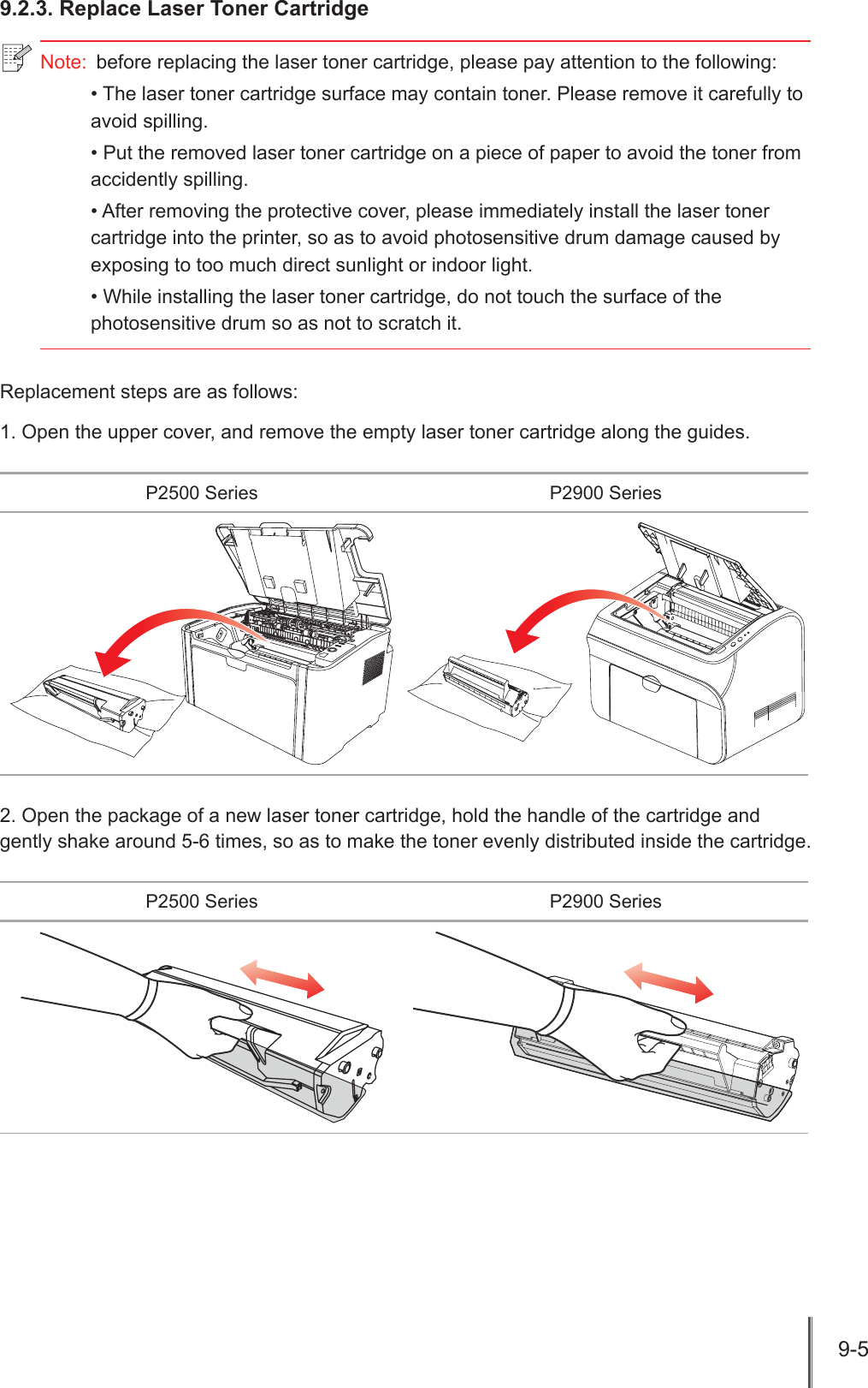 9-5 9.2.3. Replace Laser Toner CartridgeReplacement steps are as follows:1. Open the upper cover, and remove the empty laser toner cartridge along the guides.P2500 Series P2900 Series2. Open the package of a new laser toner cartridge, hold the handle of the cartridge and gently shake around 5-6 times, so as to make the toner evenly distributed inside the cartridge.P2500 Series P2900 SeriesNote:  before replacing the laser toner cartridge, please pay attention to the following:&bull; The laser toner cartridge surface may contain toner. Please remove it carefully to avoid spilling.&bull; Put the removed laser toner cartridge on a piece of paper to avoid the toner from accidently spilling.&bull; After removing the protective cover, please immediately install the laser toner cartridge into the printer, so as to avoid photosensitive drum damage caused by exposing to too much direct sunlight or indoor light. &bull; While installing the laser toner cartridge, do not touch the surface of the photosensitive drum so as not to scratch it.