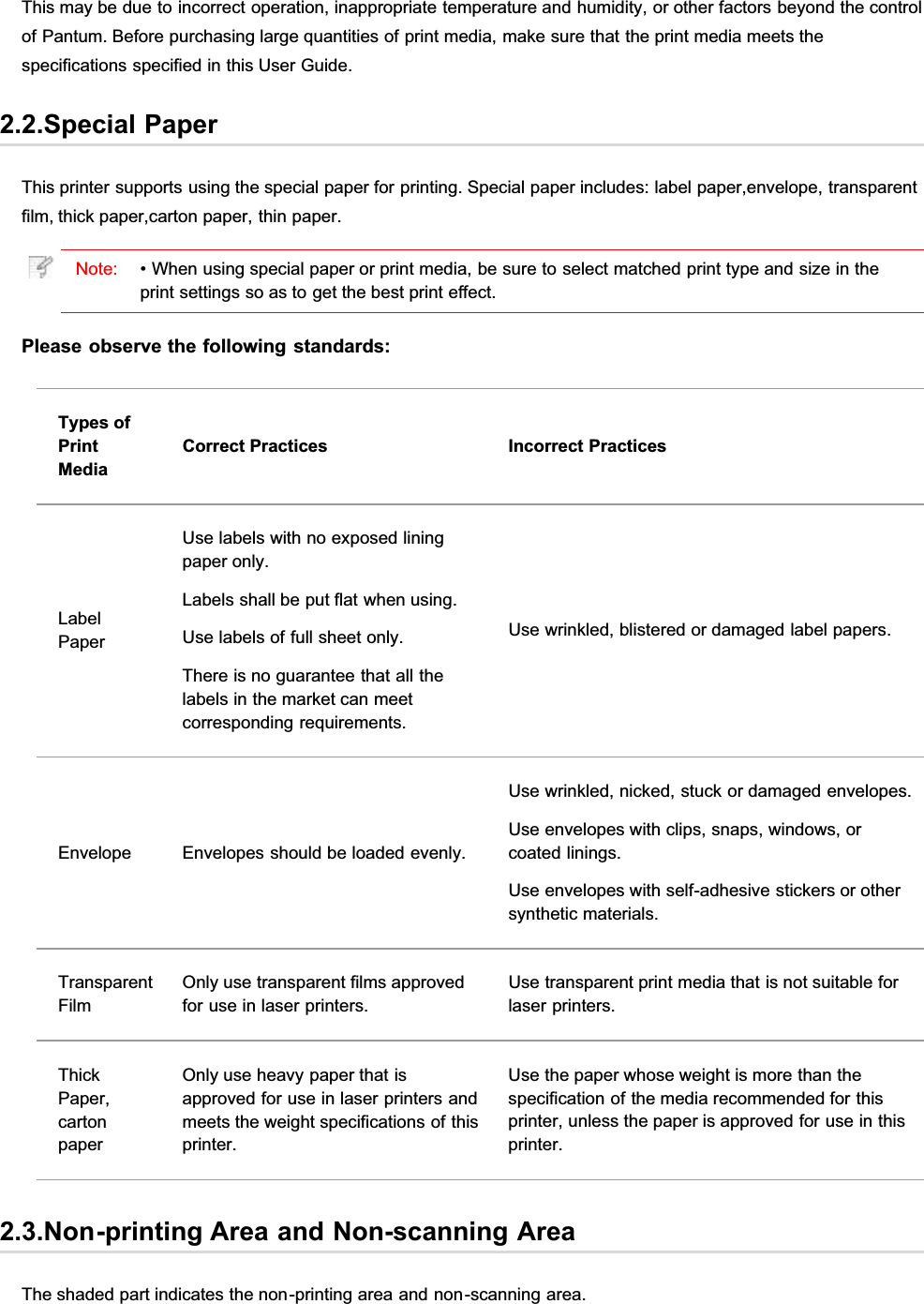 This may be due to incorrect operation, inappropriate temperature and humidity, or other factors beyond the controlof Pantum. Before purchasing large quantities of print media, make sure that the print media meets thespecifications specified in this User Guide.2.2.Special PaperThis printer supports using the special paper for printing. Special paper includes: label paper,envelope, transparentfilm, thick paper,carton paper, thin paper.Note: • When using special paper or print media, be sure to select matched print type and size in theprint settings so as to get the best print effect.Please observe the following standards:Types ofPrintMediaCorrect Practices Incorrect PracticesLabelPaperUse labels with no exposed liningpaper only.Labels shall be put flat when using.Use labels of full sheet only.There is no guarantee that all thelabels in the market can meetcorresponding requirements.Use wrinkled, blistered or damaged label papers.Envelope Envelopes should be loaded evenly.Use wrinkled, nicked, stuck or damaged envelopes.Use envelopes with clips, snaps, windows, orcoated linings.Use envelopes with self-adhesive stickers or othersynthetic materials.TransparentFilmOnly use transparent films approvedfor use in laser printers.Use transparent print media that is not suitable forlaser printers.ThickPaper,cartonpaperOnly use heavy paper that isapproved for use in laser printers andmeets the weight specifications of thisprinter.Use the paper whose weight is more than thespecification of the media recommended for thisprinter, unless the paper is approved for use in thisprinter.2.3.Non-printing Area and Non-scanning AreaThe shaded part indicates the non-printing area and non-scanning area.