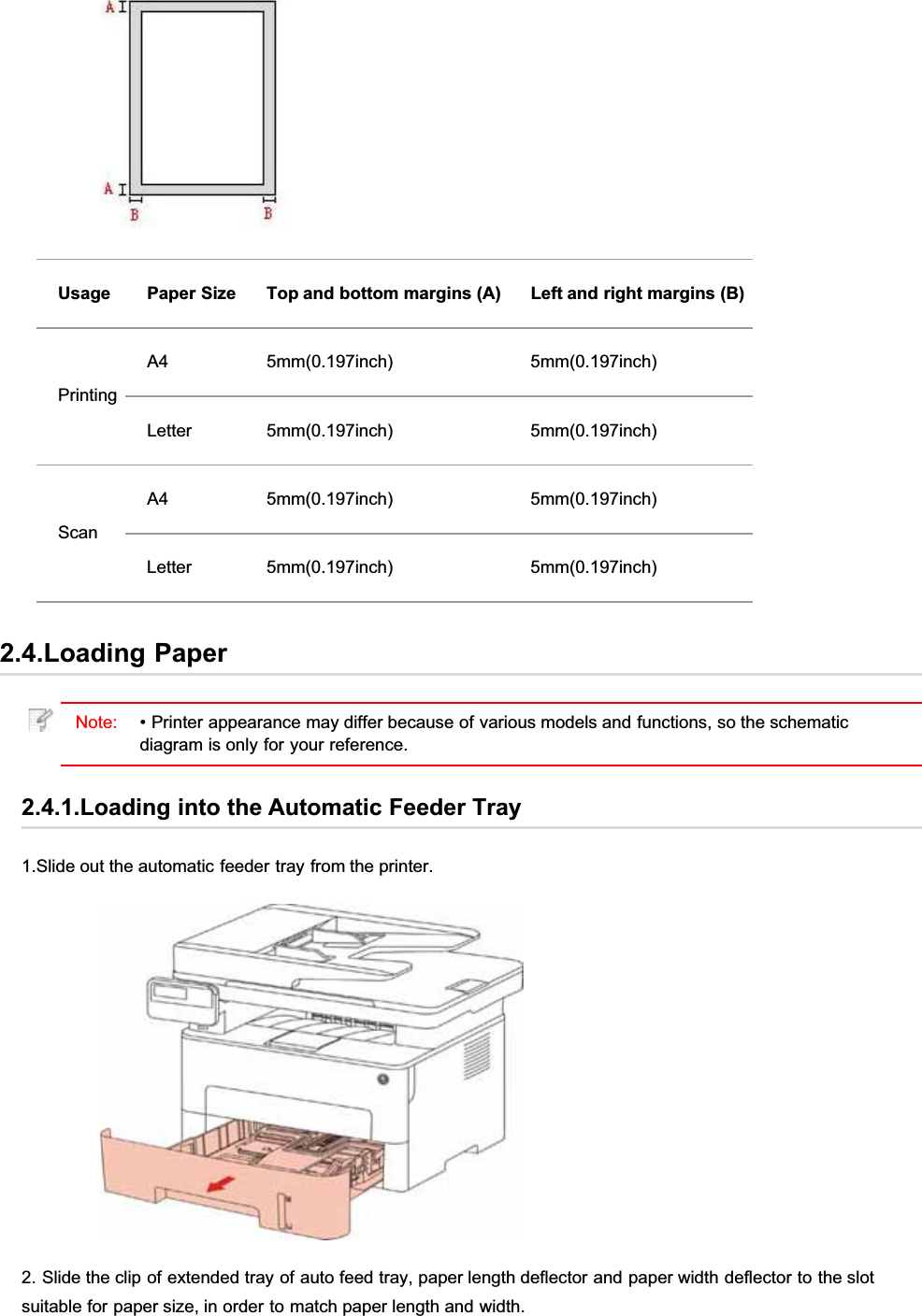 Usage Paper Size Top and bottom margins (A) Left and right margins (B)PrintingA4 5mm(0.197inch) 5mm(0.197inch)Letter 5mm(0.197inch) 5mm(0.197inch)ScanA4 5mm(0.197inch) 5mm(0.197inch)Letter 5mm(0.197inch) 5mm(0.197inch)2.4.Loading PaperNote: • Printer appearance may differ because of various models and functions, so the schematicdiagram is only for your reference.2.4.1.Loading into the Automatic Feeder Tray1.Slide out the automatic feeder tray from the printer.2. Slide the clip of extended tray of auto feed tray, paper length deflector and paper width deflector to the slotsuitable for paper size, in order to match paper length and width.