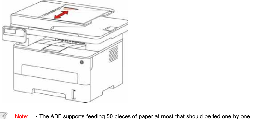 Note: • The ADF supports feeding 50 pieces of paper at most that should be fed one by one.