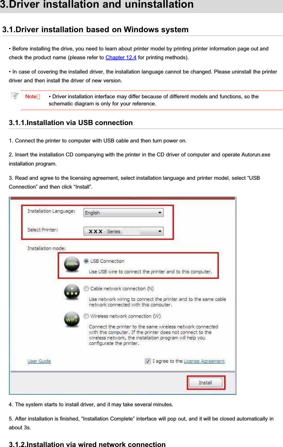 3.Driver installation and uninstallation3.1.Driver installation based on Windows system• Before installing the drive, you need to learn about printer model by printing printer information page out andcheck the product name (please refer to Chapter 12.4 for printing methods).• In case of covering the installed driver, the installation language cannot be changed. Please uninstall the printerdriver and then install the driver of new version.Note：• Driver installation interface may differ because of different models and functions, so theschematic diagram is only for your reference.3.1.1.Installation via USB connection1. Connect the printer to computer with USB cable and then turn power on.2. Insert the installation CD companying with the printer in the CD driver of computer and operate Autorun.exeinstallation program.3. Read and agree to the licensing agreement, select installation language and printer model, select “USBConnection” and then click “Install”.4. The system starts to install driver, and it may take several minutes.5. After installation is finished, “Installation Complete” interface will pop out, and it will be closed automatically inabout 3s.3.1.2.Installation via wired network connection