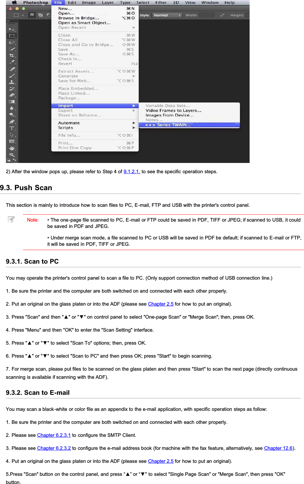 2) After the window pops up, please refer to Step 4 of 9.1.2.1. to see the specific operation steps.9.3. Push ScanThis section is mainly to introduce how to scan files to PC, E-mail, FTP and USB with the printer&apos;s control panel.Note: • The one-page file scanned to PC, E-mail or FTP could be saved in PDF, TIFF or JPEG; if scanned to USB, it couldbe saved in PDF and JPEG.• Under merge scan mode, a file scanned to PC or USB will be saved in PDF be default; if scanned to E-mail or FTP,it will be saved in PDF, TIFF or JPEG.9.3.1. Scan to PCYou may operate the printer&apos;s control panel to scan a file to PC. (Only support connection method of USB connection line.)1. Be sure the printer and the computer are both switched on and connected with each other properly.2. Put an original on the glass platen or into the ADF (please see Chapter 2.5 for how to put an original).3UHVV6FDQDQGWKHQŸRUźRQFRQWUROSDQHOWRVHOHFW2QHSDJH6FDQRU0HUJH6FDQWKHQSUHVV2.4. Press &quot;Menu&quot; and then &quot;OK&quot; to enter the &quot;Scan Setting&quot; interface.3UHVVŸRUźWRVHOHFW6FDQ7RRSWLRQVWKHQSUHVV2.3UHVVŸRUźWRVHOHFW6FDQWR3&amp;DQGWKHQSUHVV2.SUHVV6WDUWWREHJLQVFDQQLQJ7. For merge scan, please put files to be scanned on the glass platen and then press &quot;Start&quot; to scan the next page (directly continuousscanning is available if scanning with the ADF).9.3.2. Scan to E-mailYou may scan a black-white or color file as an appendix to the e-mail application, with specific operation steps as follow:1. Be sure the printer and the computer are both switched on and connected with each other properly.2. Please see Chapter 6.2.3.1 to configure the SMTP Client.3. Please see Chapter 6.2.3.2 to configure the e-mail address book (for machine with the fax feature, alternatively, see Chapter 12.6).4. Put an original on the glass platen or into the ADF (please see Chapter 2.5 for how to put an original).3UHVV6FDQEXWWRQRQWKHFRQWUROSDQHODQGSUHVV³Ÿ´RU³źWRVHOHFW6LQJOH3DJH6FDQRU0HUJH6FDQWKHQSUHVV2.button.