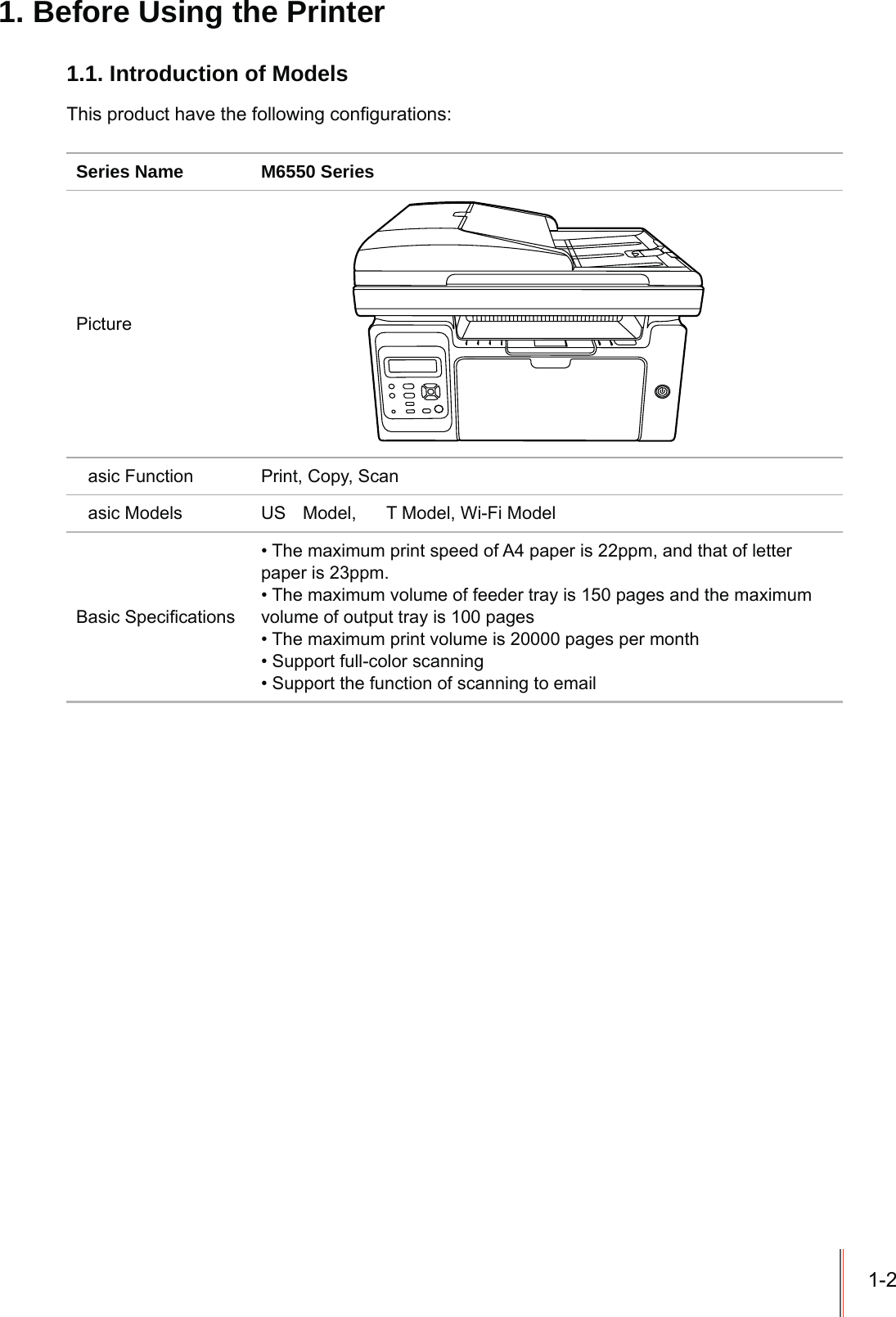 1-21. Before Using the Printer1.1. Introduction of Models7KLVSURGXFWKDYHWKHIROORZLQJFRQ¿JXUDWLRQVSeries Name M6550 SeriesPictureasic Function Print, Copy, Scanasic Models US  Model,  T Model, Wi-Fi Model%DVLF6SHFL¿FDWLRQV7KHPD[LPXPSULQWVSHHGRI$SDSHULVSSPDQGWKDWRIOHWWHUSDSHULVSSP7KHPD[LPXPYROXPHRIIHHGHUWUD\LVSDJHVDQGWKHPD[LPXPYROXPHRIRXWSXWWUD\LVSDJHV7KHPD[LPXPSULQWYROXPHLVSDJHVSHUPRQWK6XSSRUWIXOOFRORUVFDQQLQJ6XSSRUWWKHIXQFWLRQRIVFDQQLQJWRHPDLO