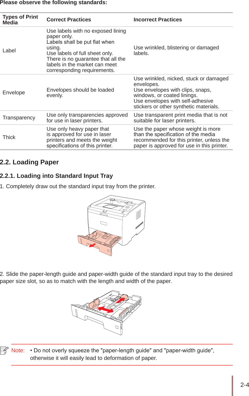 2-4 Please observe the following standards:Types of Print Media  Correct Practices  Incorrect Practices LabelUse labels with no exposed lining paper only.Labels shall be put at when using.Use labels of full sheet only.There is no guarantee that all the labels in the market can meet corresponding requirements. Use wrinkled, blistering or damaged labels.Envelope Envelopes should be loaded evenly.Use wrinkled, nicked, stuck or damaged envelopes.Use envelopes with clips, snaps, windows, or coated linings.Use envelopes with self-adhesive stickers or other synthetic materials.Transparency Use only transparencies approved for use in laser printers.Use transparent print media that is not suitable for laser printers.ThickUse only heavy paper that is approved for use in laser printers and meets the weight specications of this printer.Use the paper whose weight is more than the specication of the media recommended for this printer, unless the paper is approved for use in this printer.2.2. Loading Paper2.2.1. Loading into Standard Input Tray1. Completely draw out the standard input tray from the printer.2. Slide the paper-length guide and paper-width guide of the standard input tray to the desired paper size slot, so as to match with the length and width of the paper.Note:   • Do not overly squeeze the &quot;paper-length guide&quot; and &quot;paper-width guide&quot;, otherwise it will easily lead to deformation of paper.