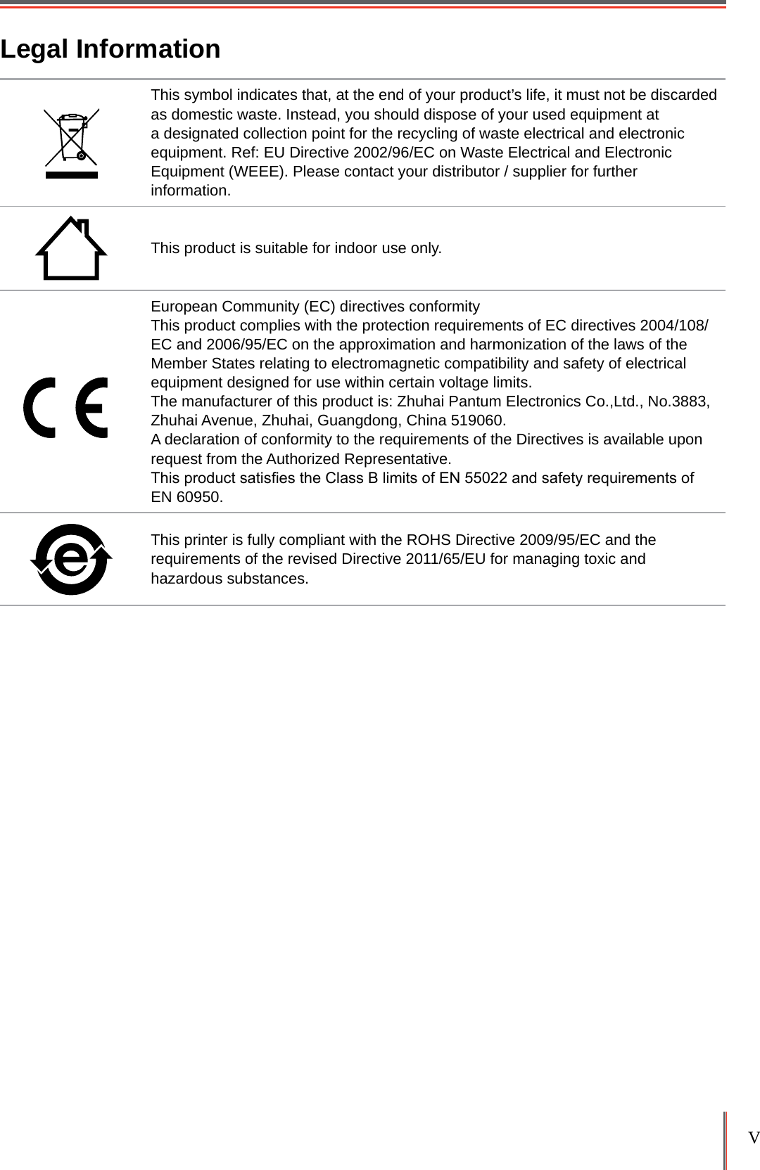 V Legal InformationThis symbol indicates that, at the end of your product’s life, it must not be discarded as domestic waste. Instead, you should dispose of your used equipment at  a designated collection point for the recycling of waste electrical and electronic equipment. Ref: EU Directive 2002/96/EC on Waste Electrical and Electronic Equipment (WEEE). Please contact your distributor / supplier for further information.This product is suitable for indoor use only.European Community (EC) directives conformity This product complies with the protection requirements of EC directives 2004/108/EC and 2006/95/EC on the approximation and harmonization of the laws of the Member States relating to electromagnetic compatibility and safety of electrical equipment designed for use within certain voltage limits. The manufacturer of this product is: Zhuhai Pantum Electronics Co.,Ltd., No.3883, Zhuhai Avenue, Zhuhai, Guangdong, China 519060.A declaration of conformity to the requirements of the Directives is available upon request from the Authorized Representative. This product satises the Class B limits of EN 55022 and safety requirements of EN 60950. This printer is fully compliant with the ROHS Directive 2009/95/EC and the requirements of the revised Directive 2011/65/EU for managing toxic and hazardous substances.