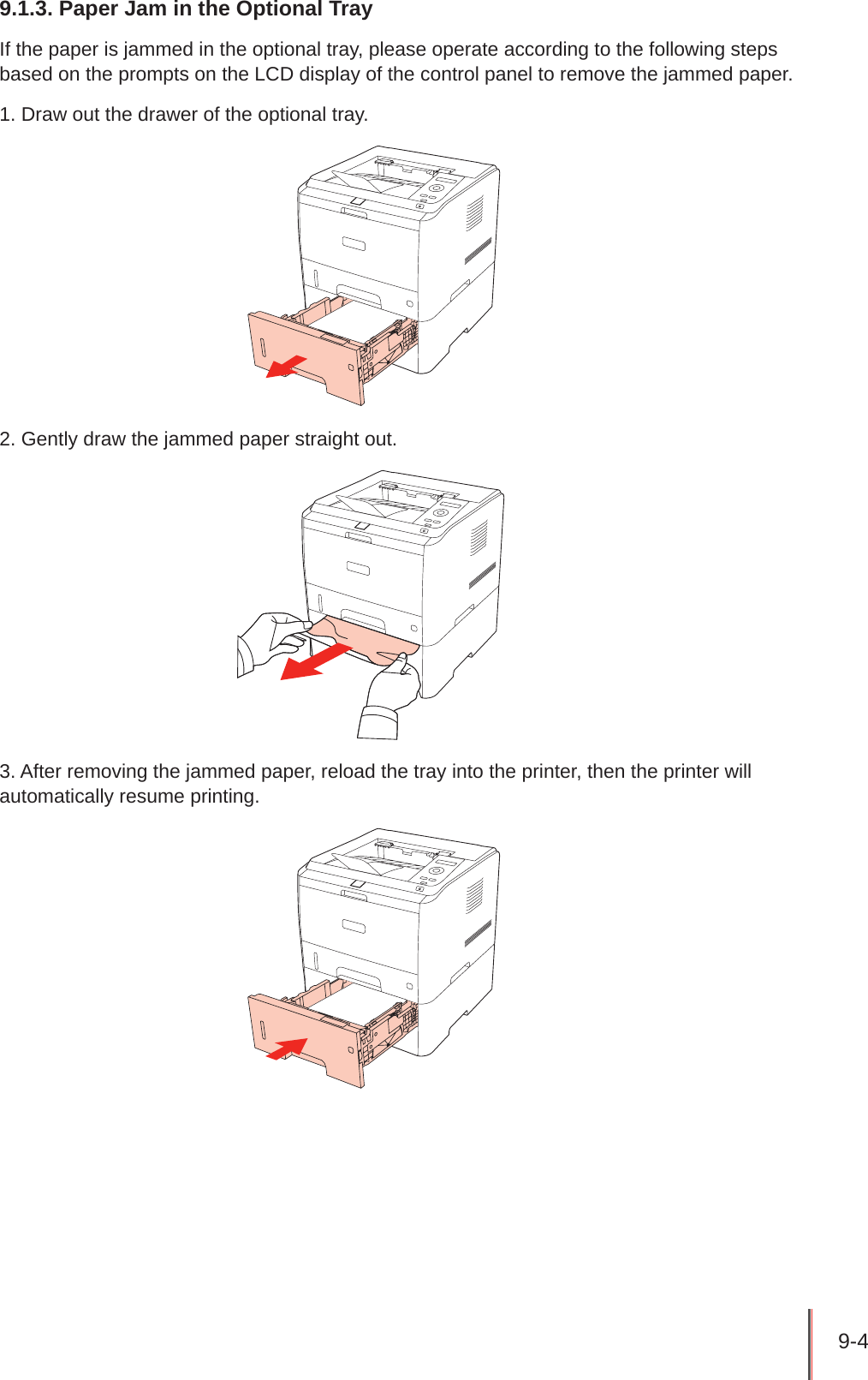 9-4 9.1.3. Paper Jam in the Optional TrayIf the paper is jammed in the optional tray, please operate according to the following steps based on the prompts on the LCD display of the control panel to remove the jammed paper.1. Draw out the drawer of the optional tray.2. Gently draw the jammed paper straight out.3. After removing the jammed paper, reload the tray into the printer, then the printer will automatically resume printing.