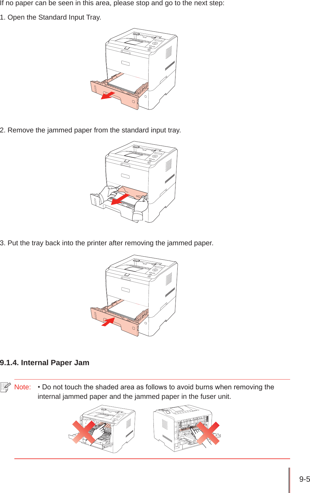 9-5 If no paper can be seen in this area, please stop and go to the next step:1. Open the Standard Input Tray.2. Remove the jammed paper from the standard input tray.3. Put the tray back into the printer after removing the jammed paper.9.1.4. Internal Paper JamNote:  • Do not touch the shaded area as follows to avoid burns when removing the internal jammed paper and the jammed paper in the fuser unit.