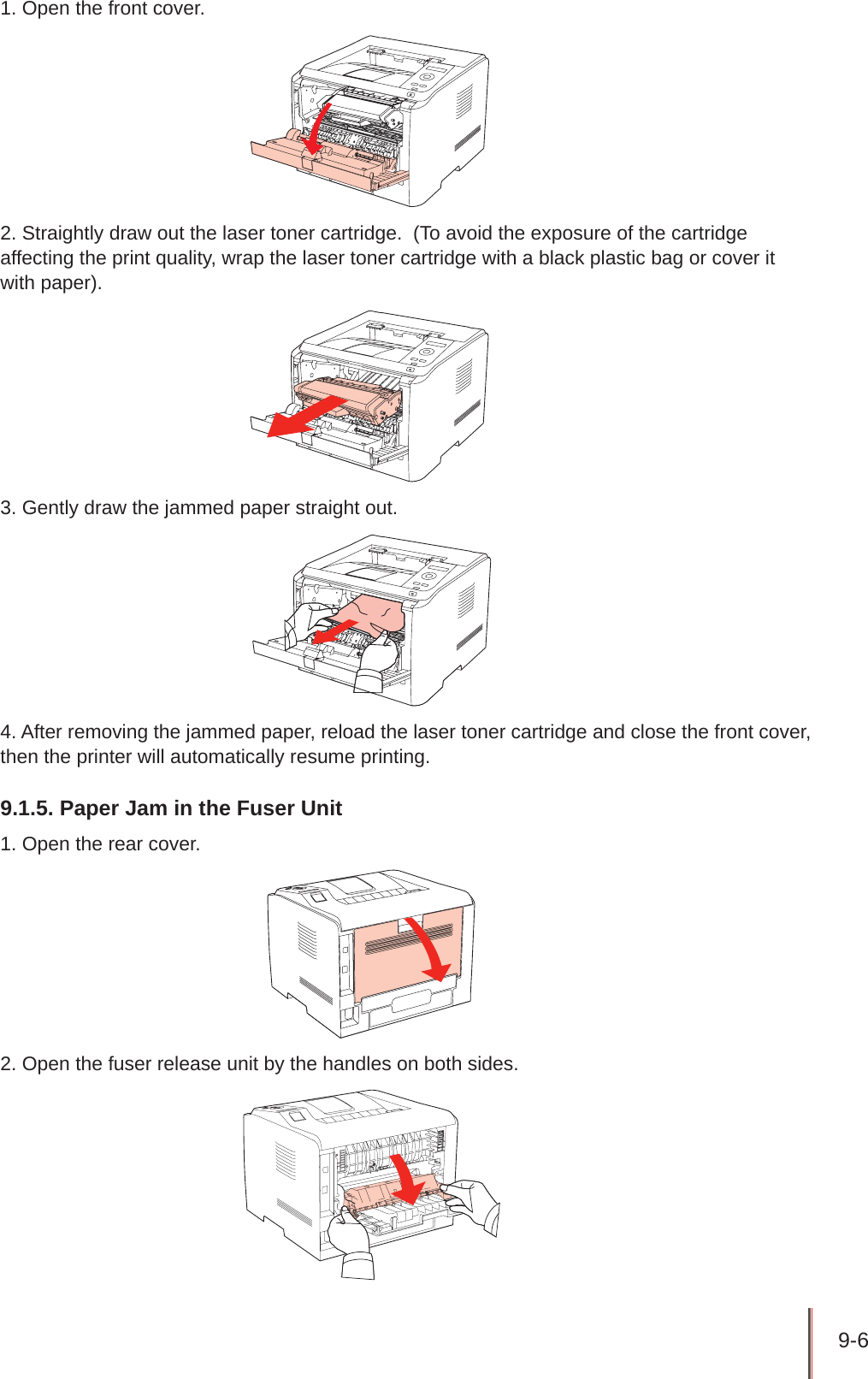 9-6 1. Open the front cover.2. Straightly draw out the laser toner cartridge.  (To avoid the exposure of the cartridge affecting the print quality, wrap the laser toner cartridge with a black plastic bag or cover it with paper).3. Gently draw the jammed paper straight out.4. After removing the jammed paper, reload the laser toner cartridge and close the front cover, then the printer will automatically resume printing.9.1.5. Paper Jam in the Fuser Unit 1. Open the rear cover.2. Open the fuser release unit by the handles on both sides.