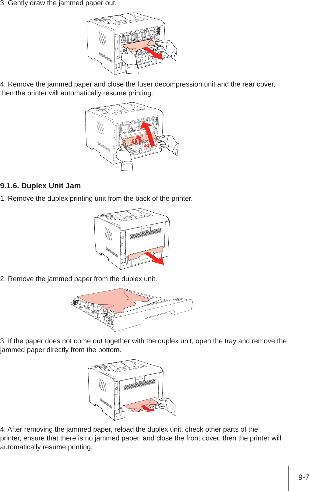 9-7 3. Gently draw the jammed paper out.4. Remove the jammed paper and close the fuser decompression unit and the rear cover, then the printer will automatically resume printing.9.1.6. Duplex Unit Jam1. Remove the duplex printing unit from the back of the printer.2. Remove the jammed paper from the duplex unit.3. If the paper does not come out together with the duplex unit, open the tray and remove the jammed paper directly from the bottom.4. After removing the jammed paper, reload the duplex unit, check other parts of the printer, ensure that there is no jammed paper, and close the front cover, then the printer will automatically resume printing.