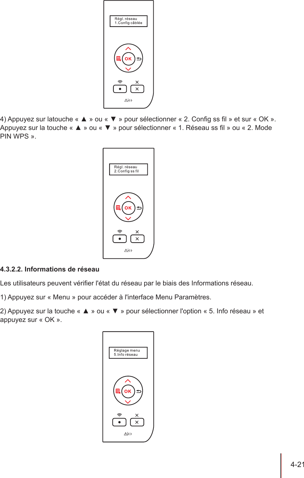 4-21  4) Appuyez sur latouche « ▲ » ou « ▼ » pour sélectionner « 2. Cong ss l » et sur « OK ». Appuyez sur la touche « ▲ » ou « ▼ » pour sélectionner « 1. Réseau ss l » ou « 2. Mode PIN WPS ».4.3.2.2. Informations de réseauLes utilisateurs peuvent vérier l&apos;état du réseau par le biais des Informations réseau.1) Appuyez sur « Menu » pour accéder à l&apos;interface Menu Paramètres.2) Appuyez sur la touche « ▲ » ou « ▼ » pour sélectionner l&apos;option « 5. Info réseau » et appuyez sur « OK ».