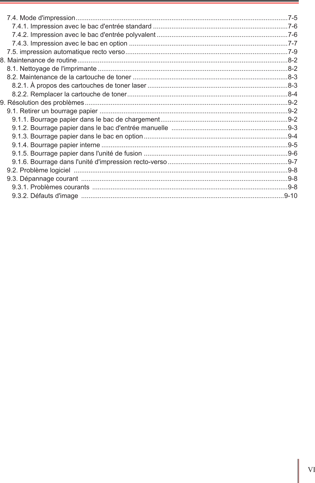 VI 7.4. Mode d&apos;impression ................................................................................................................... 7-57.4.1. Impression avec le bac d&apos;entrée standard .........................................................................7-67.4.2. Impression avec le bac d&apos;entrée polyvalent .......................................................................7-67.4.3. Impression avec le bac en option ......................................................................................7-77.5. impression automatique recto verso ........................................................................................7-98. Maintenance de routine ..................................................................................................................8-28.1. Nettoyage de l&apos;imprimante .......................................................................................................8-28.2. Maintenance de la cartouche de toner ....................................................................................8-38.2.1. À propos des cartouches de toner laser ............................................................................8-38.2.2. Remplacer la cartouche de toner .......................................................................................8-49. Résolution des problèmes ..............................................................................................................9-29.1. Retirer un bourrage papier  ...................................................................................................... 9-29.1.1. Bourrage papier dans le bac de chargement .....................................................................9-29.1.2. Bourrage papier dans le bac d&apos;entrée manuelle  ...............................................................9-39.1.3. Bourrage papier dans le bac en option ..............................................................................9-49.1.4. Bourrage papier interne .....................................................................................................9-59.1.5. Bourrage papier dans l&apos;unité de fusion ..............................................................................9-69.1.6. Bourrage dans l&apos;unité d&apos;impression recto-verso .................................................................9-79.2. Problème logiciel  ....................................................................................................................9-89.3. Dépannage courant  ................................................................................................................9-89.3.1. Problèmes courants  ..........................................................................................................9-89.3.2. Défauts d&apos;image  ..............................................................................................................9-10