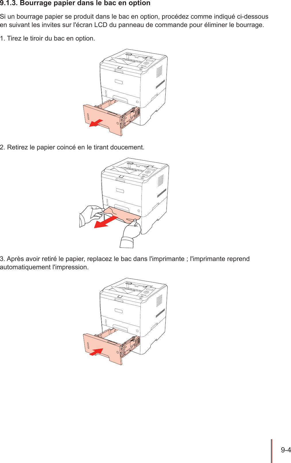 9-4  9.1.3. Bourrage papier dans le bac en optionSi un bourrage papier se produit dans le bac en option, procédez comme indiqué ci-dessous en suivant les invites sur l&apos;écran LCD du panneau de commande pour éliminer le bourrage.1. Tirez le tiroir du bac en option.2. Retirez le papier coincé en le tirant doucement.3. Après avoir retiré le papier, replacez le bac dans l&apos;imprimante ; l&apos;imprimante reprend automatiquement l&apos;impression.