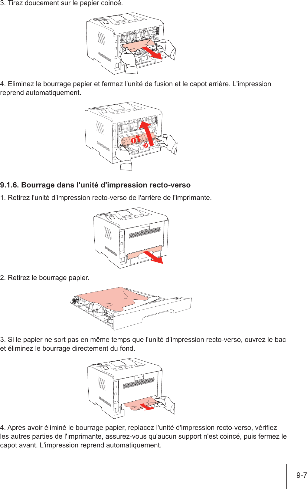 9-7  3. Tirez doucement sur le papier coincé.4. Eliminez le bourrage papier et fermez l&apos;unité de fusion et le capot arrière. L&apos;impression reprend automatiquement.9.1.6. Bourrage dans l&apos;unité d&apos;impression recto-verso1. Retirez l&apos;unité d&apos;impression recto-verso de l&apos;arrière de l&apos;imprimante.2. Retirez le bourrage papier.3. Si le papier ne sort pas en même temps que l&apos;unité d&apos;impression recto-verso, ouvrez le bac et éliminez le bourrage directement du fond.4. Après avoir éliminé le bourrage papier, replacez l&apos;unité d&apos;impression recto-verso, vériez les autres parties de l&apos;imprimante, assurez-vous qu&apos;aucun support n&apos;est coincé, puis fermez le capot avant. L&apos;impression reprend automatiquement.