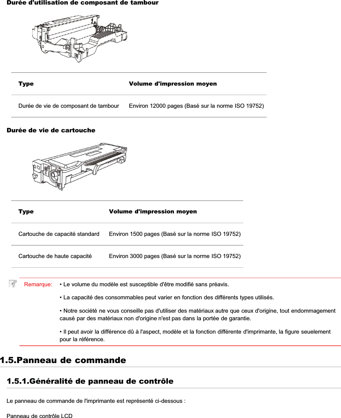 Durée d&apos;utilisation de composant de tambourType Volume d&apos;impression moyenDurée de vie de composant de tambour Environ 12000 pages (Basé sur la norme ISO 19752)Durée de vie de cartoucheType Volume d&apos;impression moyenCartouche de capacité standard Environ 1500 pages (Basé sur la norme ISO 19752)Cartouche de haute capacité Environ 3000 pages (Basé sur la norme ISO 19752)Remarque: • Le volume du modèle est susceptible d&apos;être modifié sans préavis.• La capacité des consommables peut varier en fonction des différents types utilisés.• Notre société ne vous conseille pas d&apos;utiliser des matériaux autre que ceux d&apos;origine, tout endommagementcausé par des matériaux non d&apos;origine n&apos;est pas dans la portée de garantie.• Il peut avoir la différence dû à l&apos;aspect, modèle et la fonction différente d&apos;imprimante, la figure seuelementpour la référence.1.5.Panneau de commande1.5.1.Généralité de panneau de contrôleLe panneau de commande de l&apos;imprimante est représenté ci-dessous :Panneau de contrôle LCD