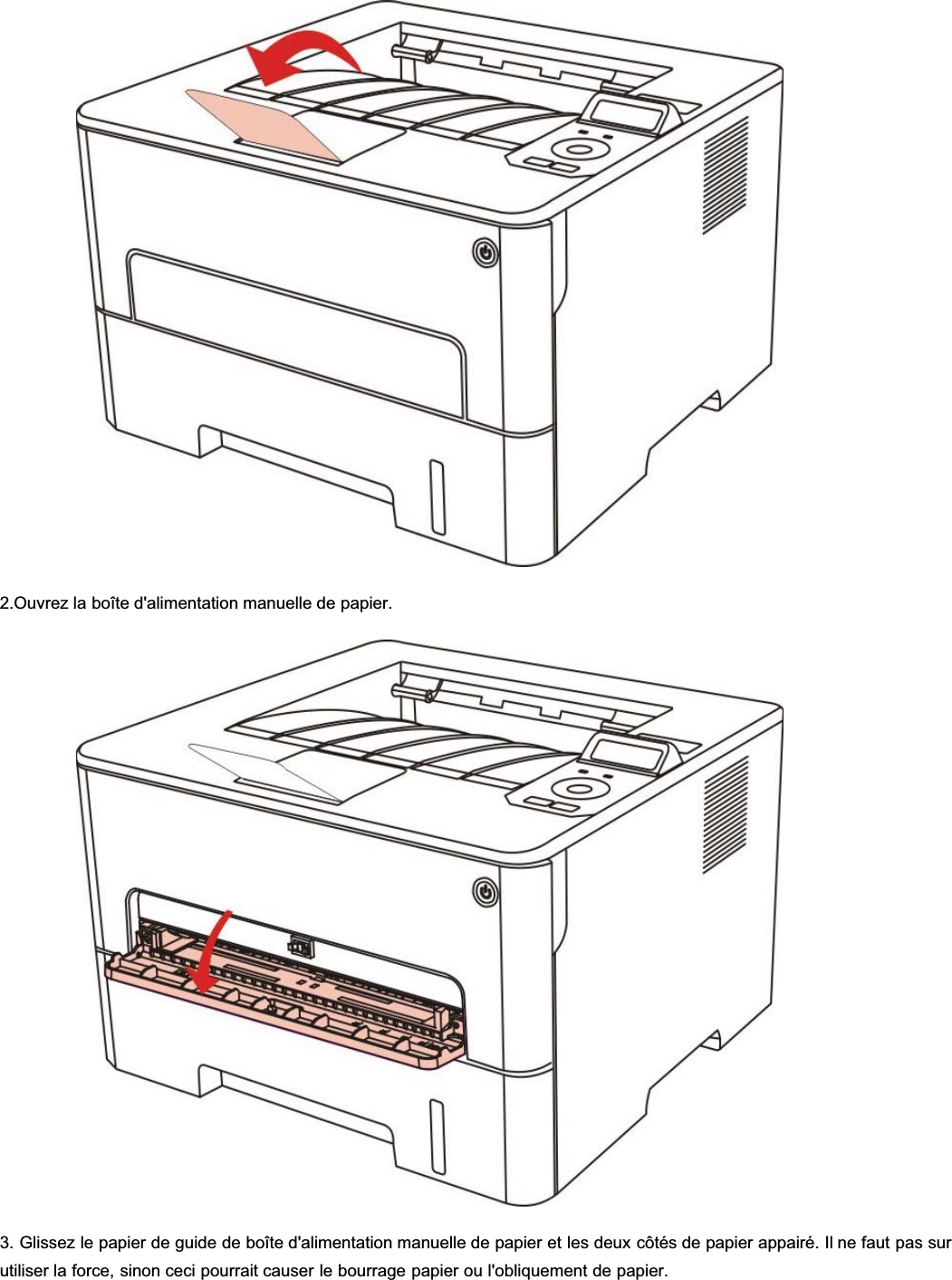 2.Ouvrez la boîte d&apos;alimentation manuelle de papier.3. Glissez le papier de guide de boîte d&apos;alimentation manuelle de papier et les deux côtés de papier appairé. Il ne faut pas surutiliser la force, sinon ceci pourrait causer le bourrage papier ou l&apos;obliquement de papier.