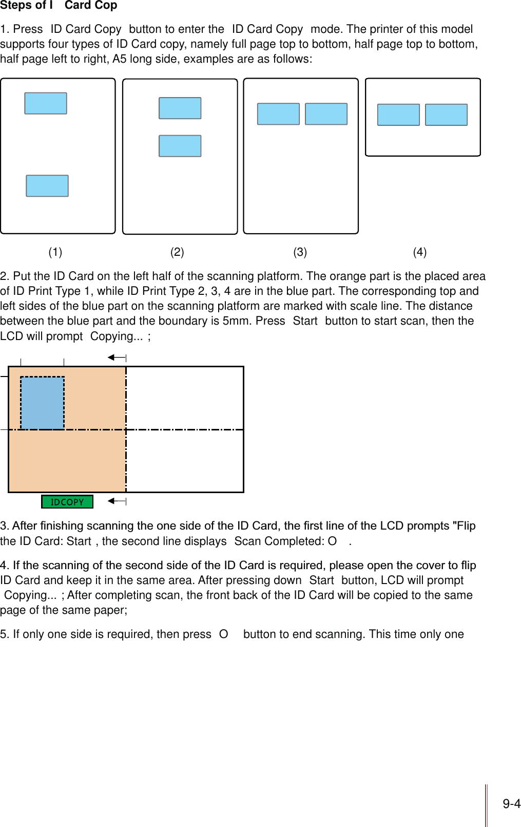 9-4Steps of I  Card Cop1. Press  ID Card Copy  button to enter the  ID Card Copy  mode. The printer of this model supports four types of ID Card copy, namely full page top to bottom, half page top to bottom, half page left to right, A5 long side, examples are as follows:(1) (2) (3) (4)2. Put the ID Card on the left half of the scanning platform. The orange part is the placed area of ID Print Type 1, while ID Print Type 2, 3, 4 are in the blue part. The corresponding top and left sides of the blue part on the scanning platform are marked with scale line. The distance between the blue part and the boundary is 5mm. Press  Start  button to start scan, then the LCD will prompt  Copying... ;the ID Card: Start , the second line displays  Scan Completed: O .ID Card and keep it in the same area. After pressing down  Start  button, LCD will prompt Copying... ; After completing scan, the front back of the ID Card will be copied to the same page of the same paper;5. If only one side is required, then press  O  button to end scanning. This time only one 