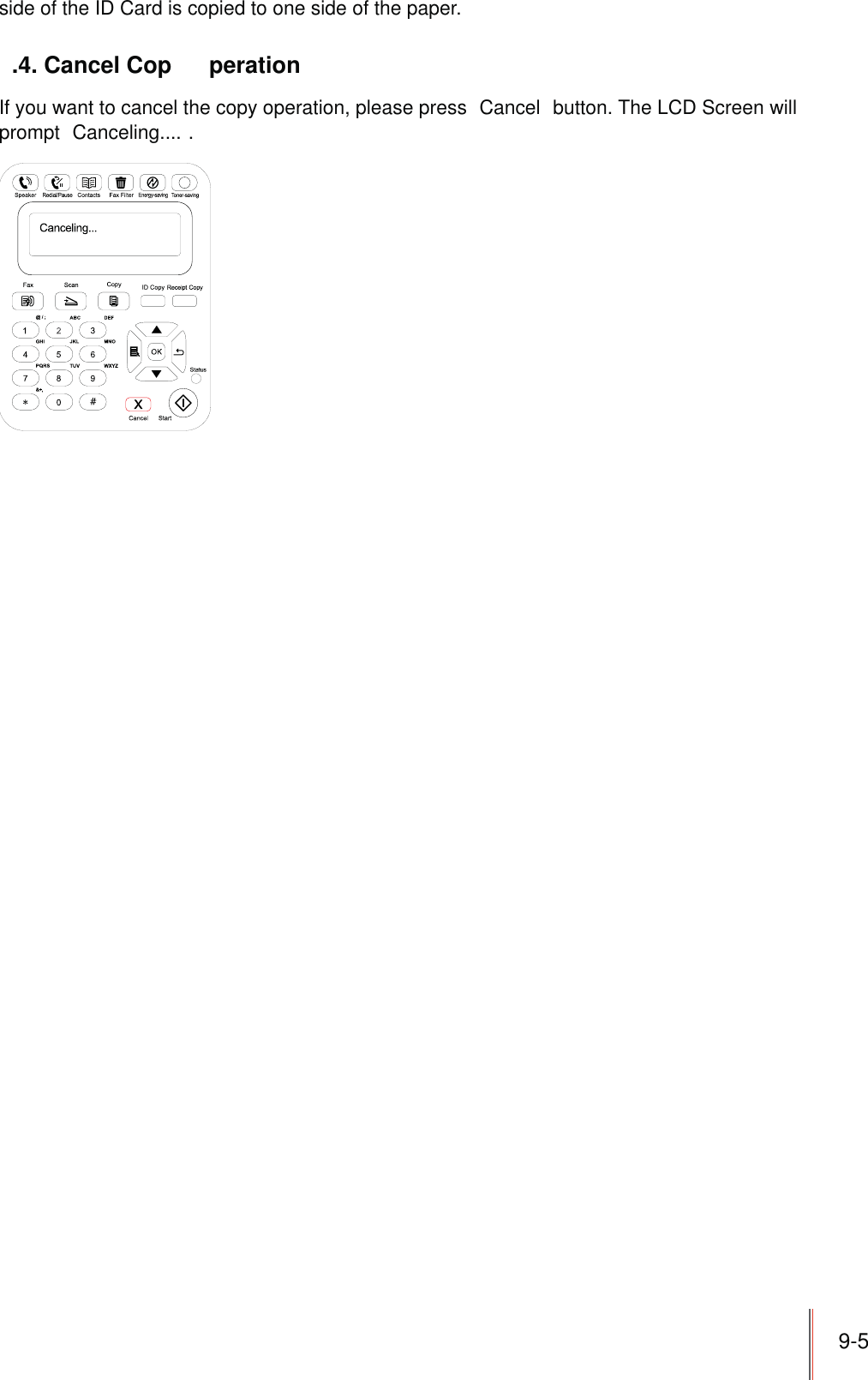 9-5side of the ID Card is copied to one side of the paper..4. Cancel Cop   perationIf you want to cancel the copy operation, please press  Cancel  button. The LCD Screen will prompt Canceling.... .