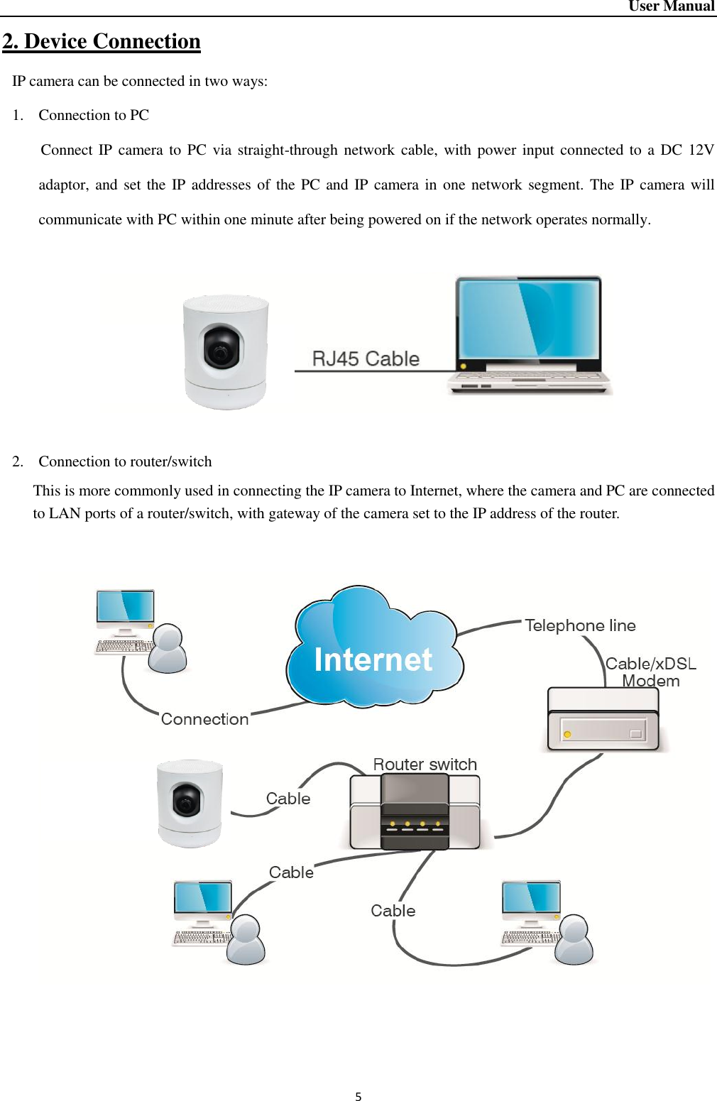 User Manual 5 2. Device Connection IP camera can be connected in two ways: 1. Connection to PC   Connect IP camera to  PC via straight-through network cable, with power input connected to a DC 12V adaptor, and set the IP addresses of the PC and IP camera in one network segment. The IP  camera will communicate with PC within one minute after being powered on if the network operates normally.         2. Connection to router/switch This is more commonly used in connecting the IP camera to Internet, where the camera and PC are connected to LAN ports of a router/switch, with gateway of the camera set to the IP address of the router.          