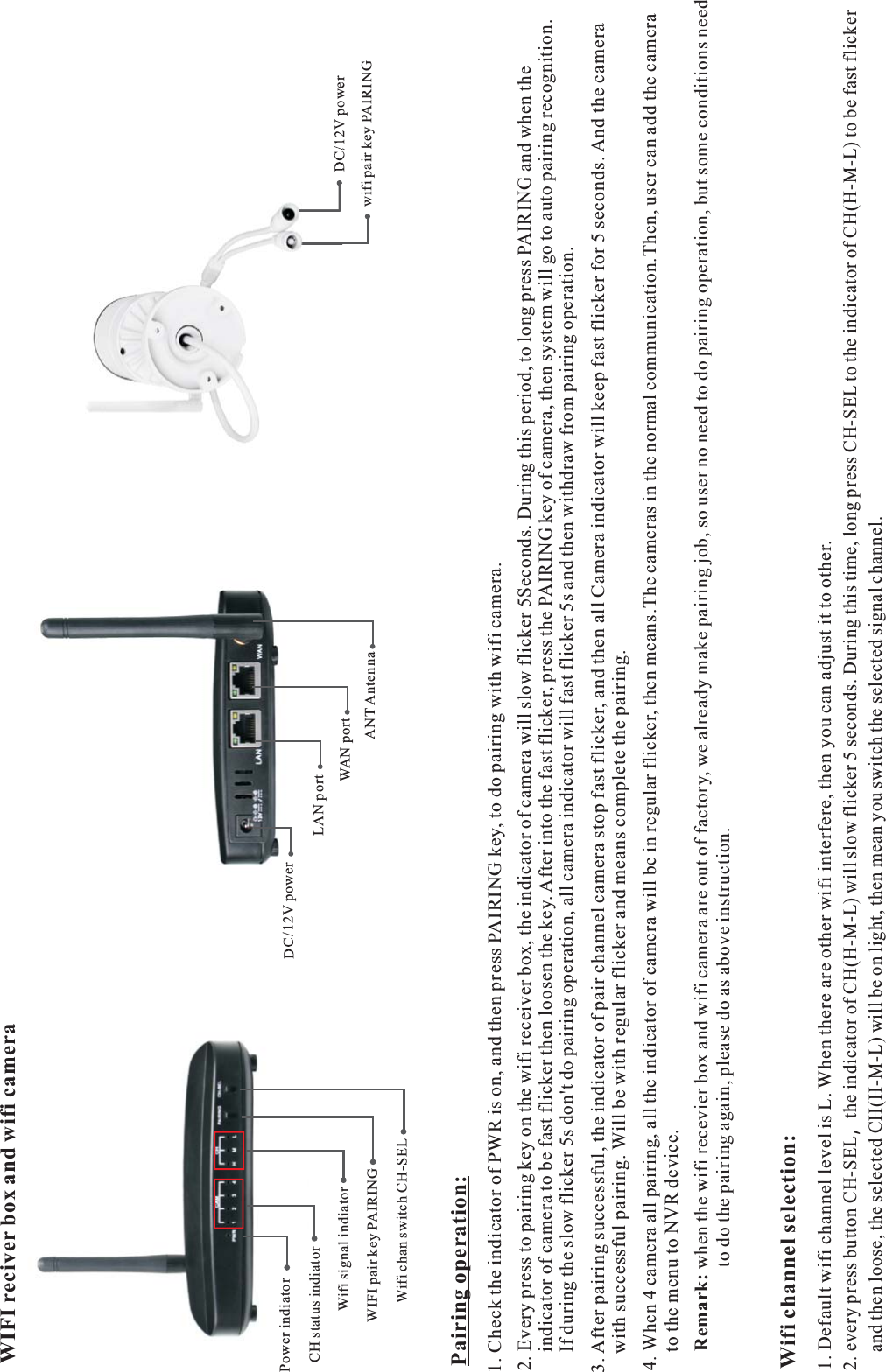 DC/12V powerLAN portANT AntennaWAN port DC/12V powerwifi pair key PAIRINGPairing operation:1. Check the indicator of PWR is on, and then press PAIRING key, to do pairing with wifi camera.2. Every press to pairing key on the wifi receiver box, the indicator of camera will slow flicker 5Seconds. During this period, to long press PAIRING and when the     indicator of camera to be fast flicker then loosen the key. After into the fast flicker, press the PAIRING key of camera, then system will go to auto pairing recognition.    If during the slow flicker 5s don't do pairing operation, all camera indicator will fast flicker 5s and then withdraw from pairing operation.3. After pairing successful, the indicator of pair channel camera stop fast flicker, and then all Camera indicator will keep fast flicker for 5 seconds. And the camera     with successful pairing. Will be with regular flicker and means complete the pairing.4. When 4 camera all pairing, all the indicator of camera will be in regular flicker, then means.The cameras in the normal communication.Then, user can add the camera     to the menu to NVR device.Remark: when the wifi recevier box and wifi camera are out of factory, we already make pairing job, so user no need to do pairing operation, but some conditions need                  to do the pairing again, please do as above instruction.2. every press button CH-SEL，the indicator of CH(H-M-L) will slow flicker 5 seconds. During this time, long press CH-SEL to the indicator of CH(H-M-L) to be fast flicker    and then loose, the selected CH(H-M-L) will be on light, then mean you switch the selected signal channel.Wifi channel selection:Power indiatorCH status indiatorWifi signal indiator WIFI pair key PAIRINGWifi chan switch CH-SEL1. Default wifi channel level is L. When there are other wifi interfere, then you can adjust it to other.WIFI reciver box and wifi camera 