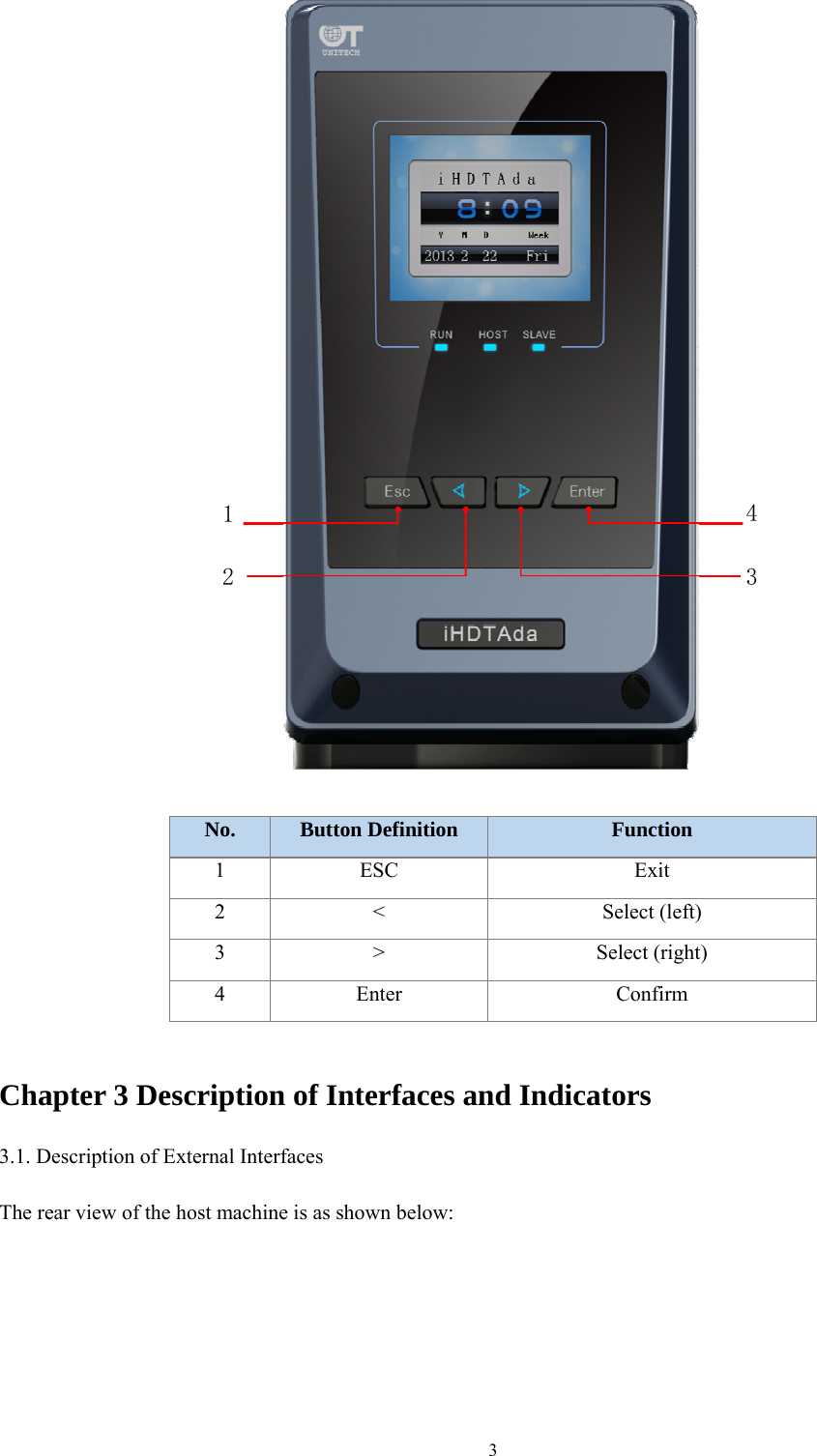 3  No.  Button Definition  Function 1 ESC  Exit 2 &lt;  Select (left) 3 &gt;  Select (right) 4 Enter  Confirm  Chapter 3 Description of Interfaces and Indicators 3.1. Description of External Interfaces The rear view of the host machine is as shown below: 1  2 4  3 