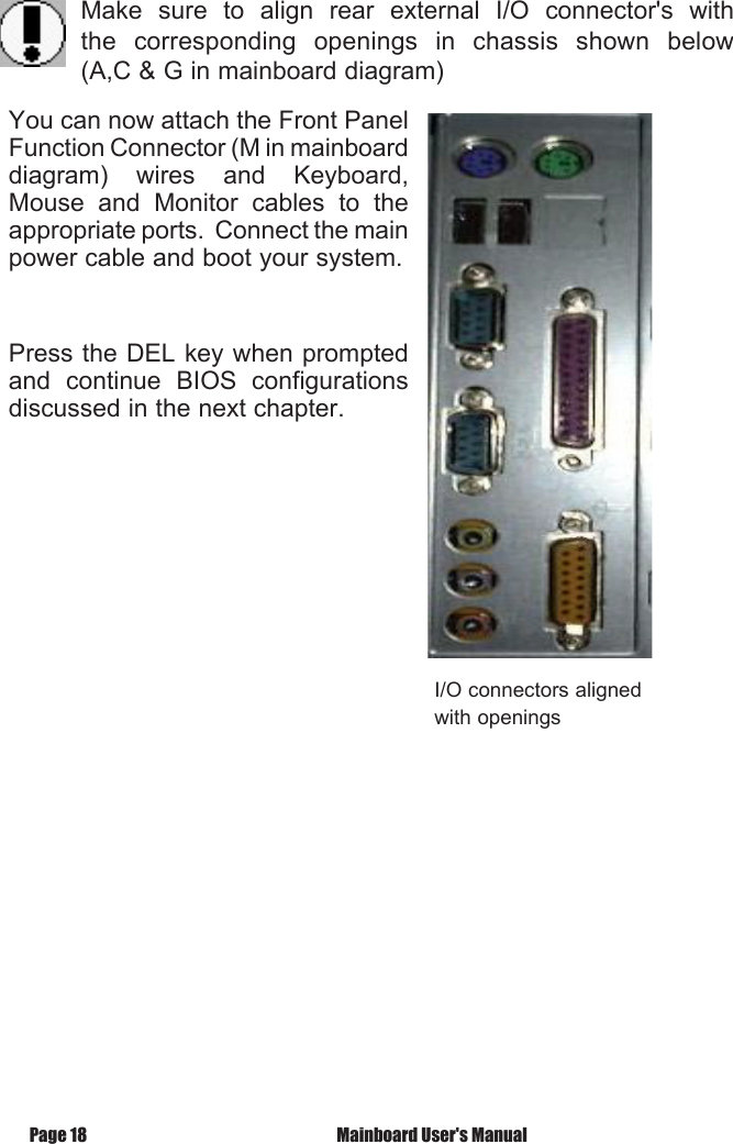  Mainboard User's ManualPage 18I/O connectors alignedwith openingsMake  sure  to  align  rear  external  I/O  connector's  with the  corresponding  openings  in  chassis  shown  below (A,C &amp; G in mainboard diagram)You can now attach the Front Panel Function Connector (M in mainboard diagram)  wires  and  Keyboard, Mouse  and  Monitor  cables  to  the appropriate ports.  Connect the main power cable and boot your system.Press the DEL key when prompted and  continue  BIOS  configurations discussed in the next chapter.