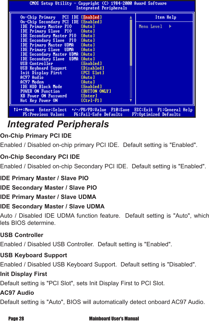  Mainboard User's ManualPage 28On-Chip Primary PCI IDEEnabled / Disabled on-chip primary PCI IDE.  Default setting is "Enabled".On-Chip Secondary PCI IDEEnabled / Disabled on-chip Secondary PCI IDE.  Default setting is "Enabled".IDE Primary Master / Slave PIOIDE Secondary Master / Slave PIOIDE Primary Master / Slave UDMAIDE Secondary Master / Slave UDMAAuto  /  Disabled  IDE  UDMA function  feature.   Default setting  is "Auto",  which lets BIOS determine.USB ControllerEnabled / Disabled USB Controller.  Default setting is "Enabled".USB Keyboard SupportEnabled / Disabled USB Keyboard Support.  Default setting is "Disabled".Init Display FirstDefault setting is "PCI Slot", sets Init Display First to PCI Slot.AC97 AudioDefault setting is "Auto", BIOS will automatically detect onboard AC97 Audio.Integrated Peripherals